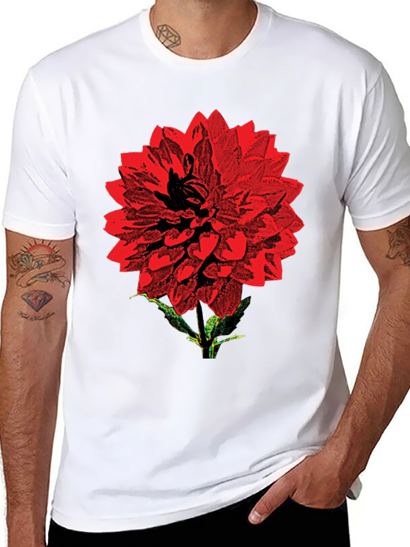 Red Flower Graphic Print Black T-Shirt