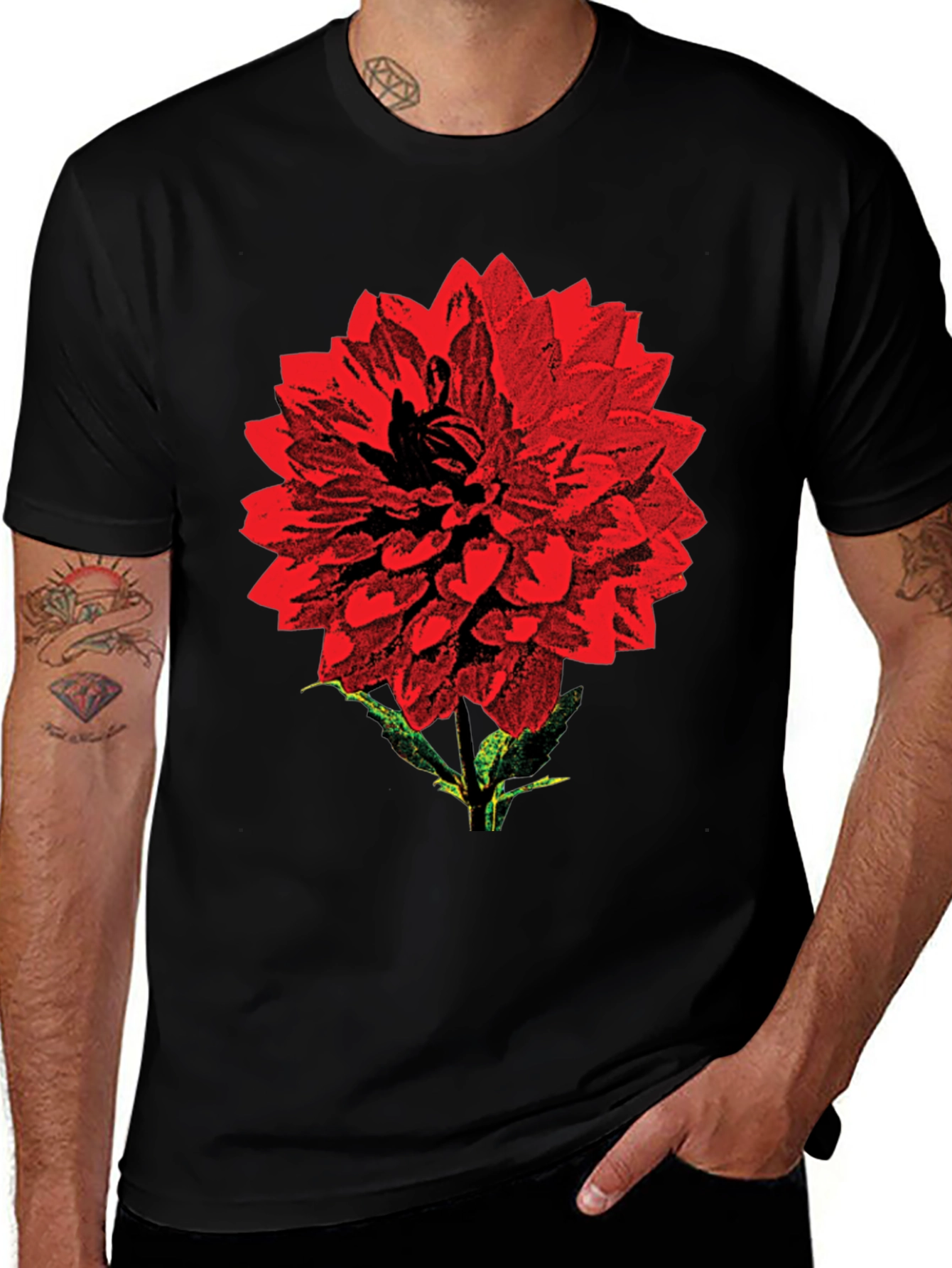 Red Flower Graphic Print Black T-Shirt