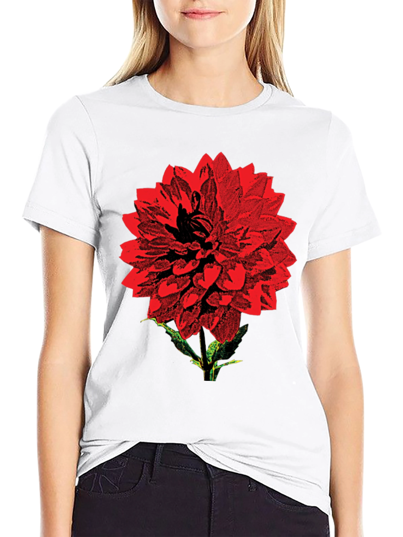 Red Flower Graphic Print Black T-Shirt