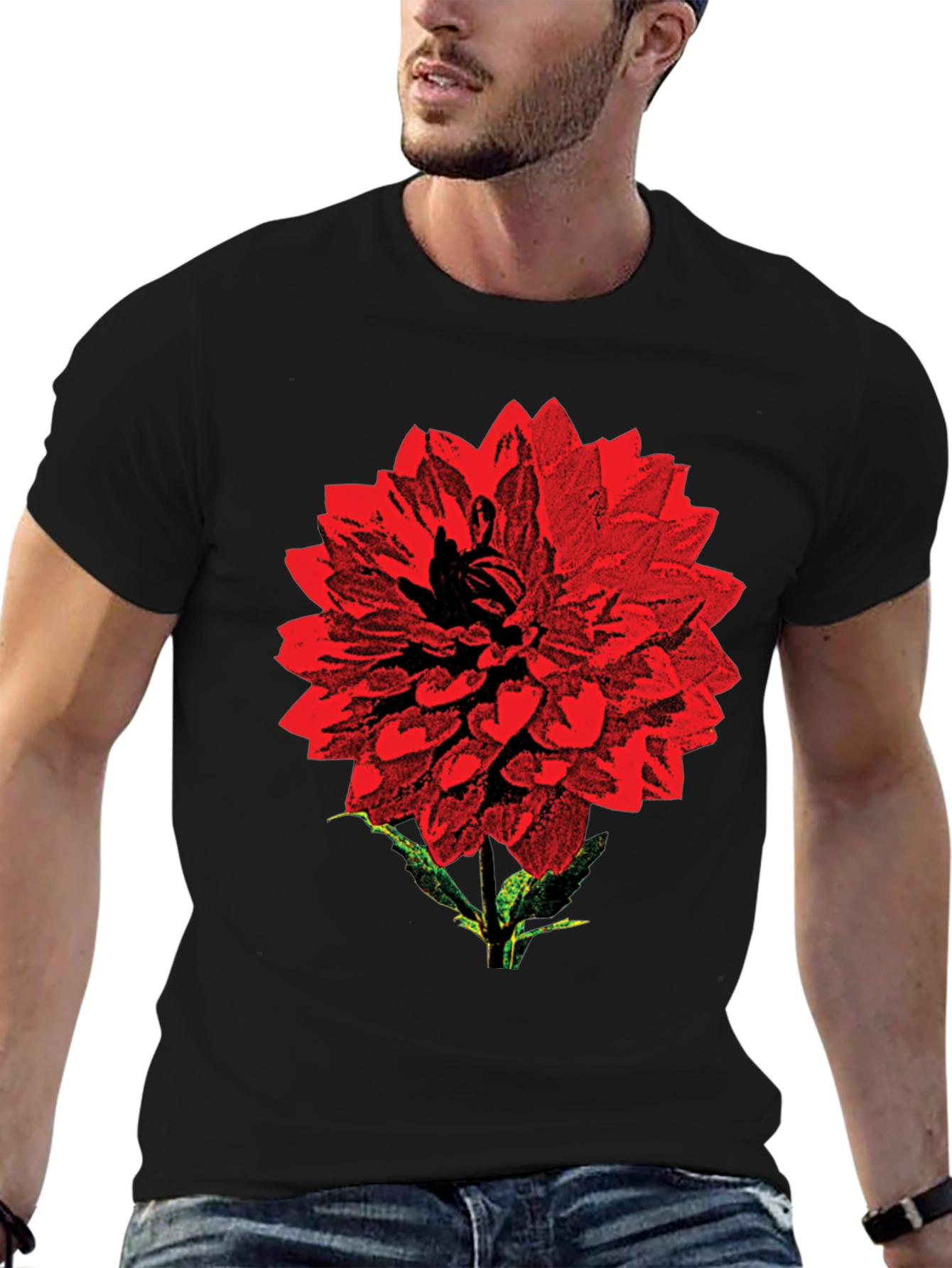 Red Flower Graphic Print Black T-Shirt