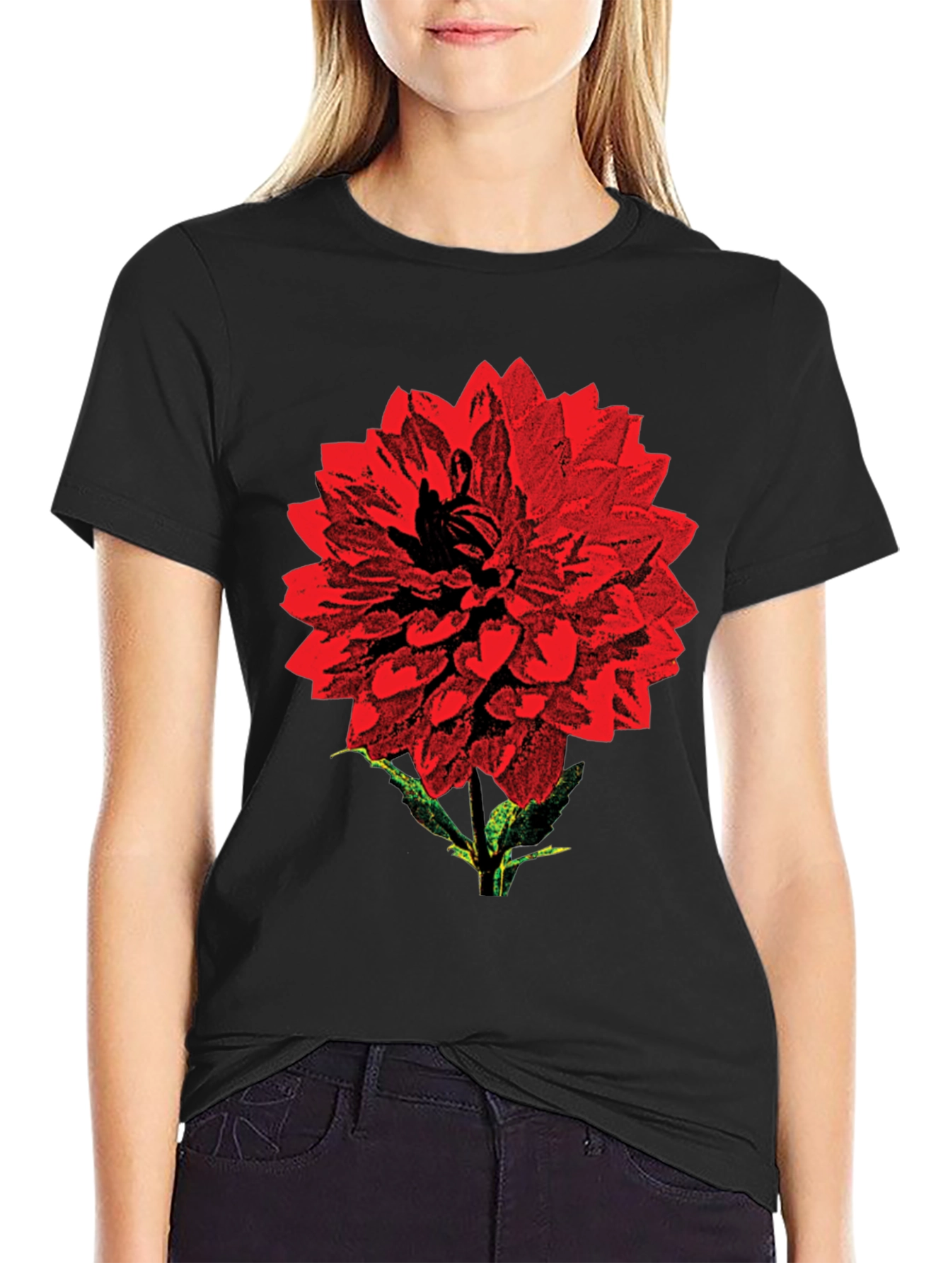 Red Flower Graphic Print Black T-Shirt