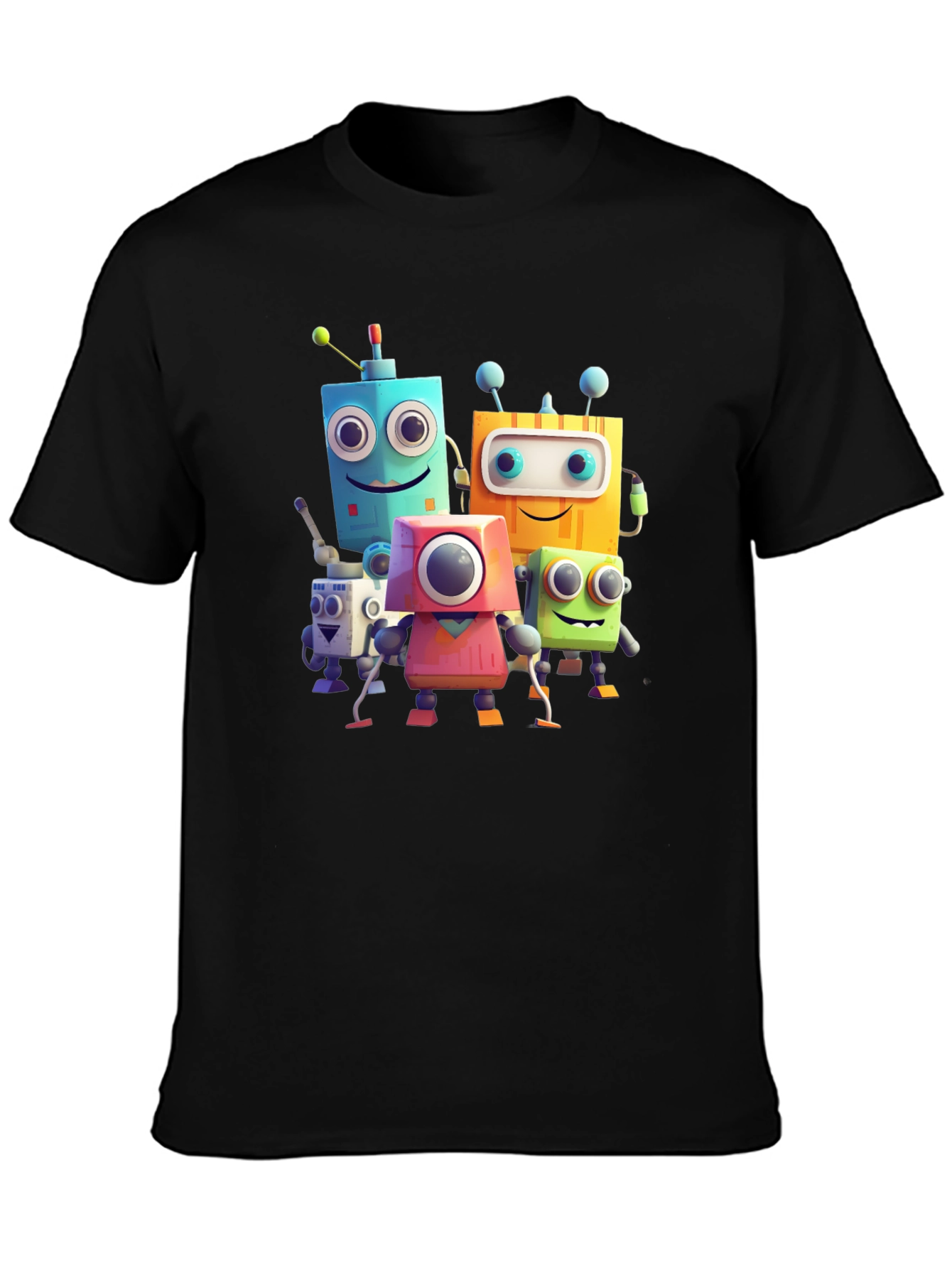 Fun Robot Crew Graphic Tee - Black Cotton Shirt