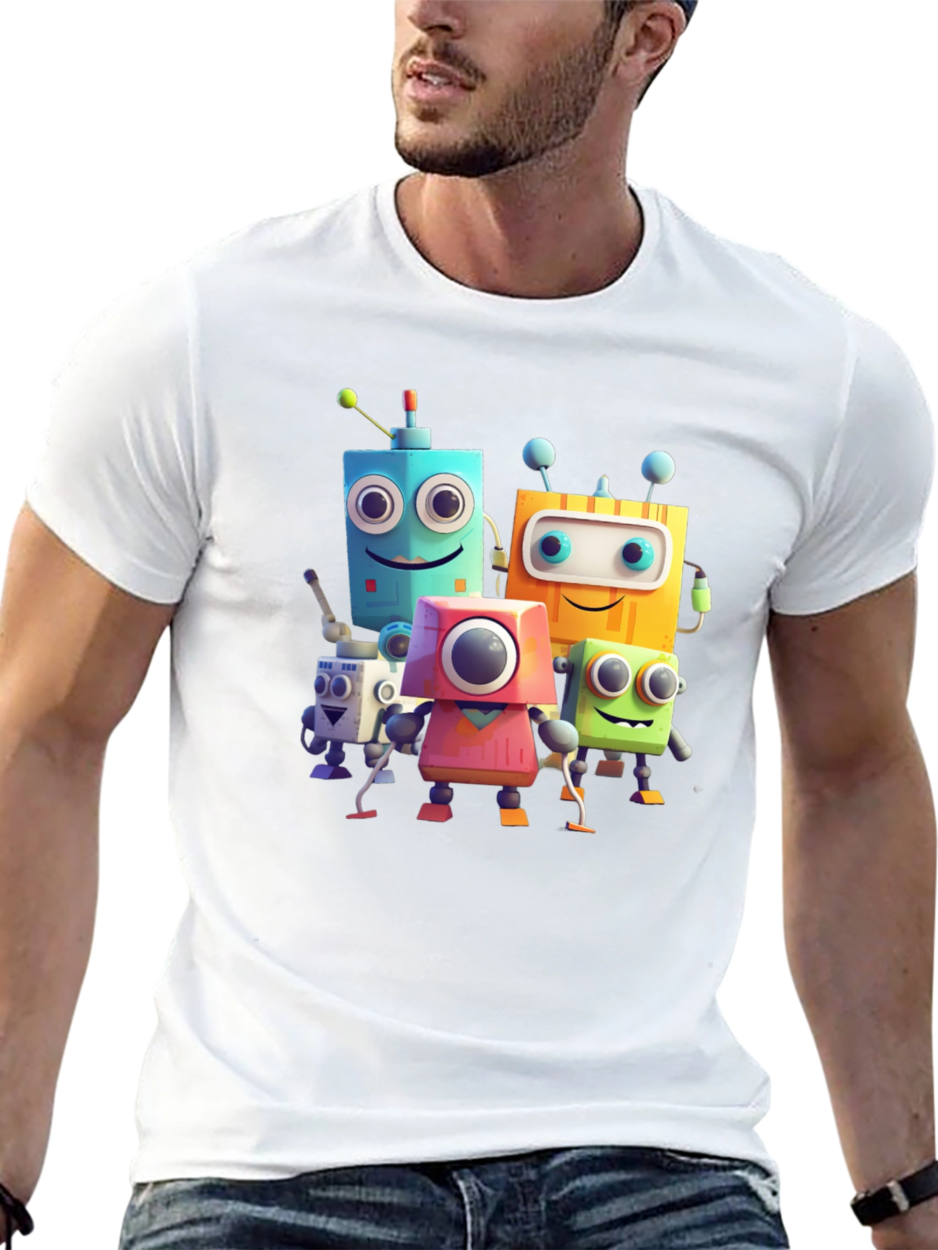 Fun Robot Crew Graphic Tee - Black Cotton Shirt