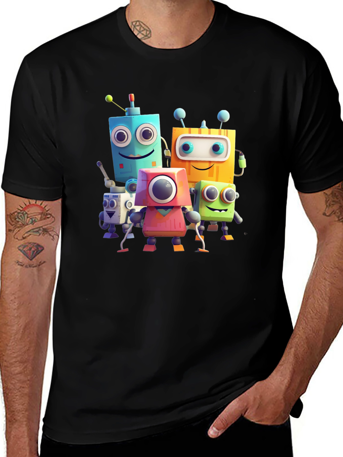 Fun Robot Crew Graphic Tee - Black Cotton Shirt