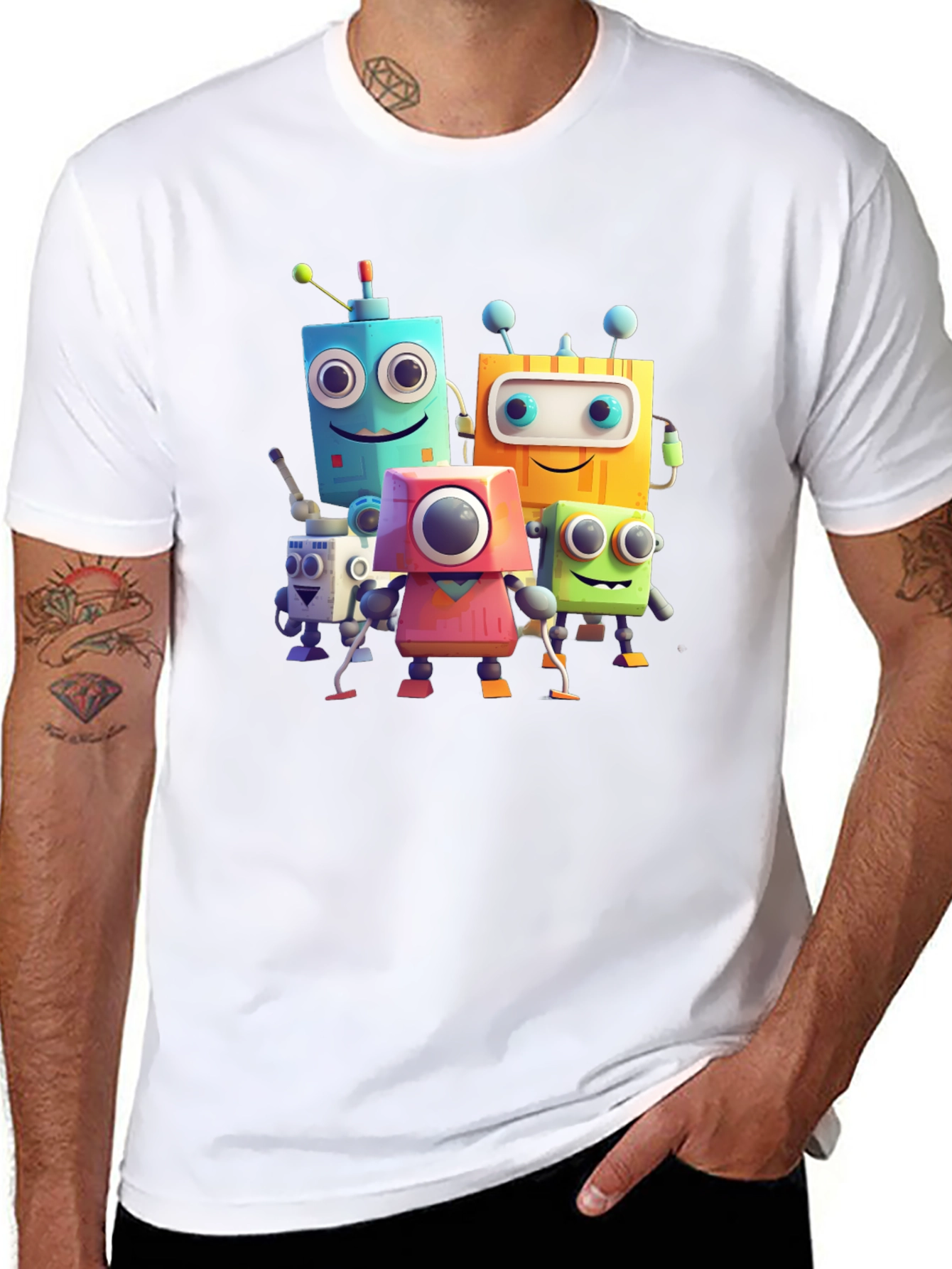 Fun Robot Crew Graphic Tee - Black Cotton Shirt