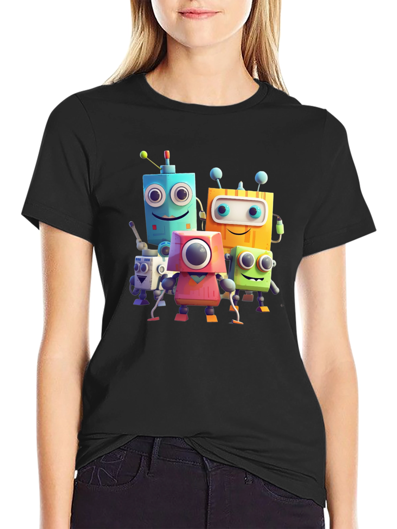 Fun Robot Crew Graphic Tee - Black Cotton Shirt
