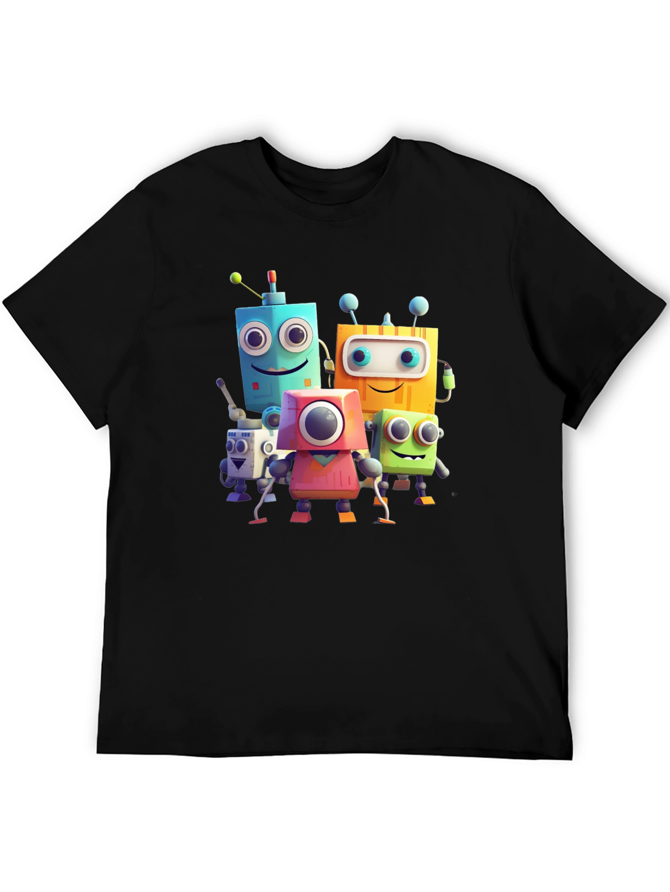 Fun Robot Crew Graphic Tee - Black Cotton Shirt