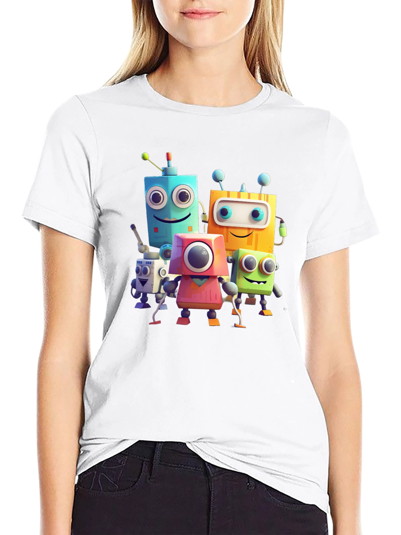 Fun Robot Crew Graphic Tee - Black Cotton Shirt