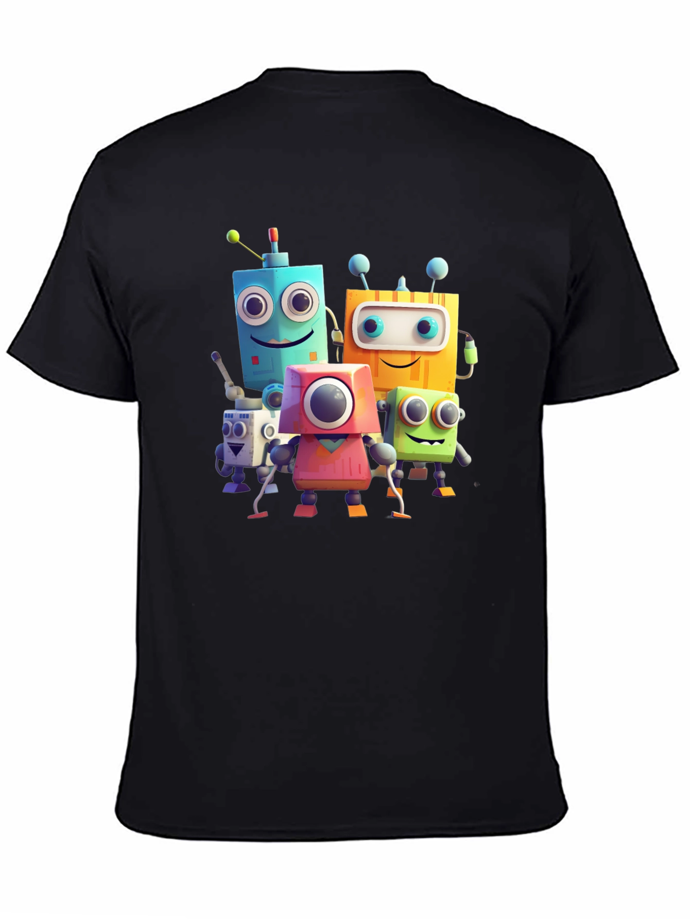 Fun Robot Crew Graphic Tee - Black Cotton Shirt