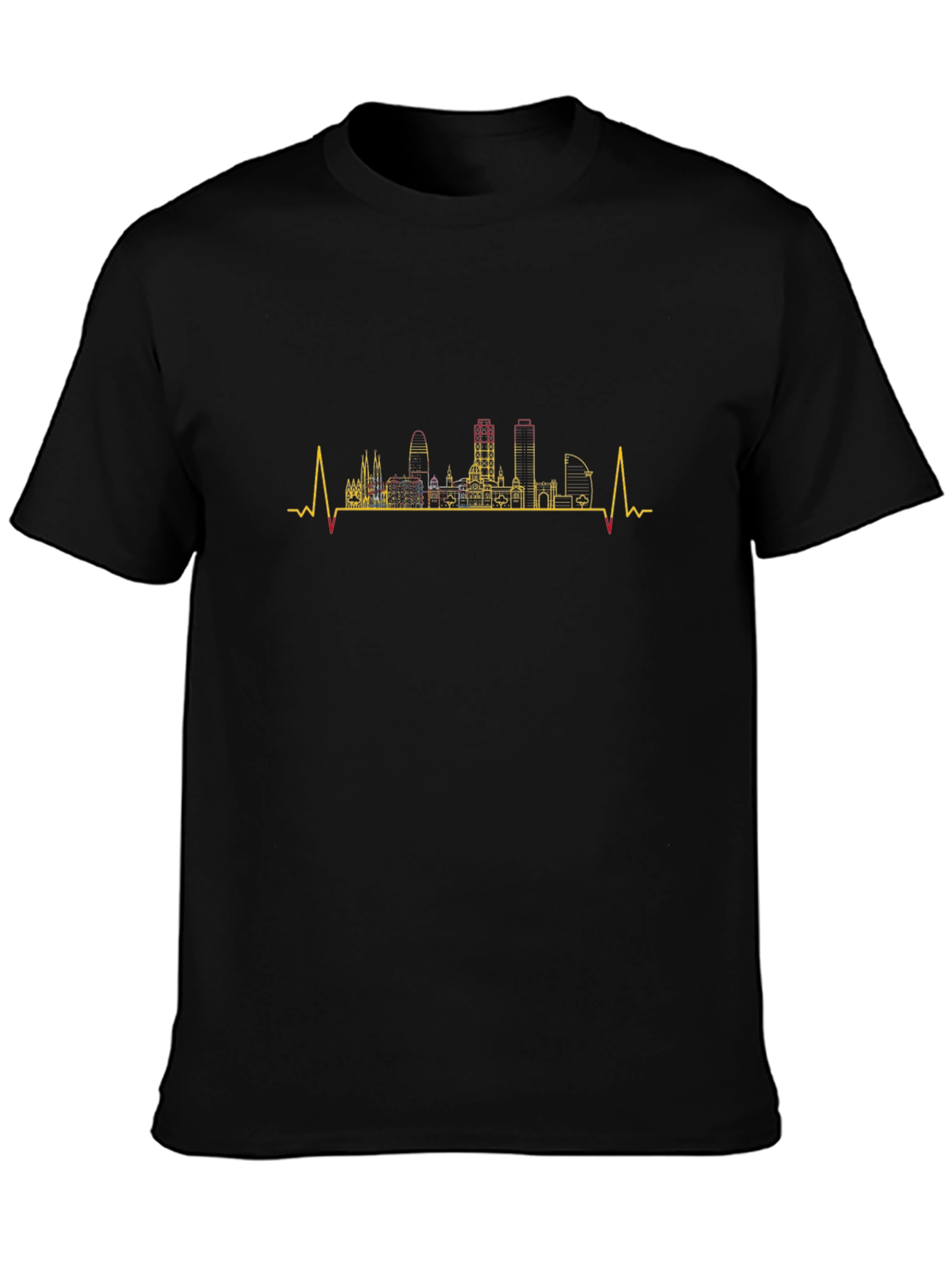 Barcelona Skyline Heartbeat Mens Black T-Shirt