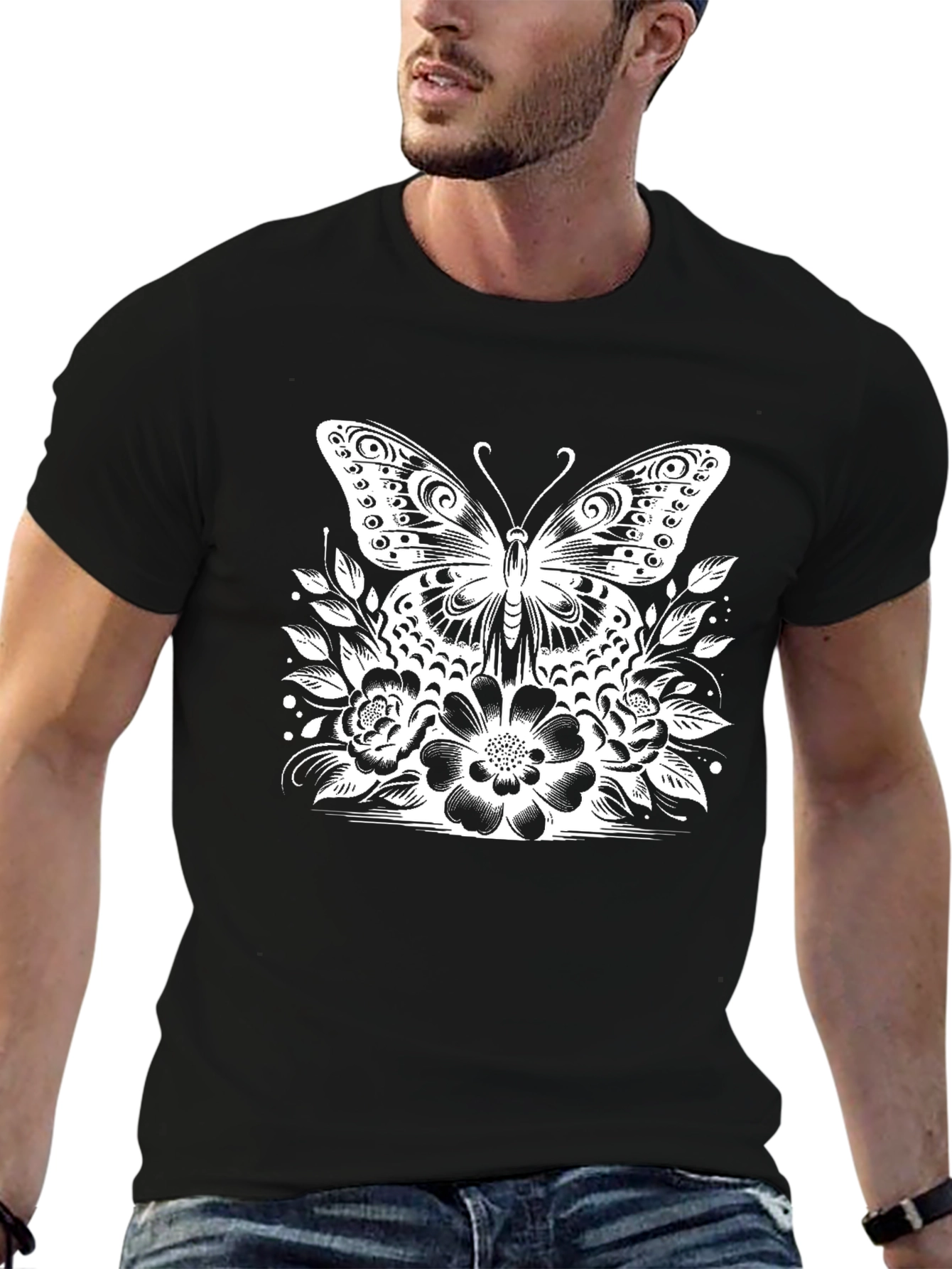 Butterfly Floral Graphic Tee - Stylish Black T-Shirt