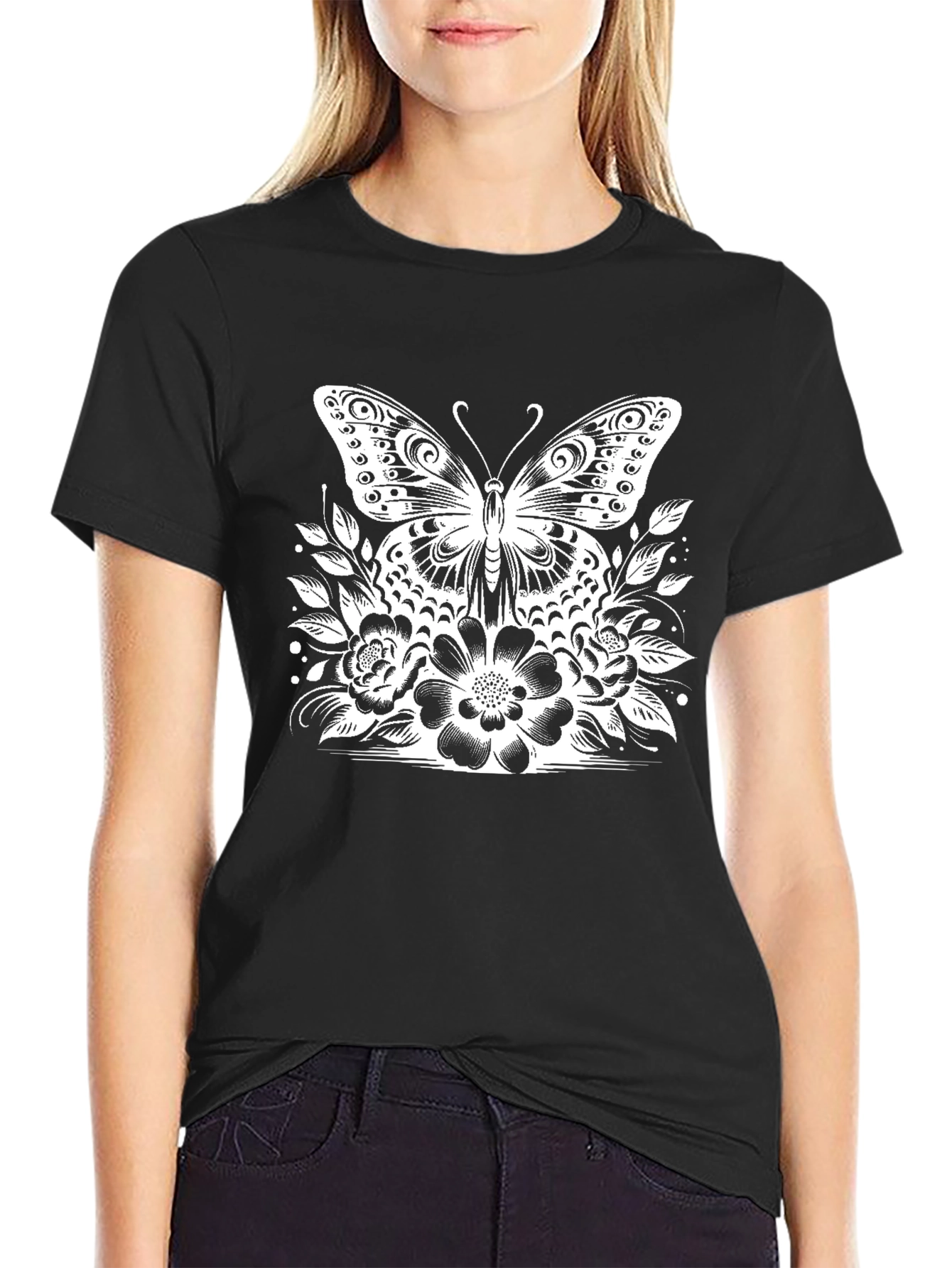 Butterfly Floral Graphic Tee - Stylish Black T-Shirt