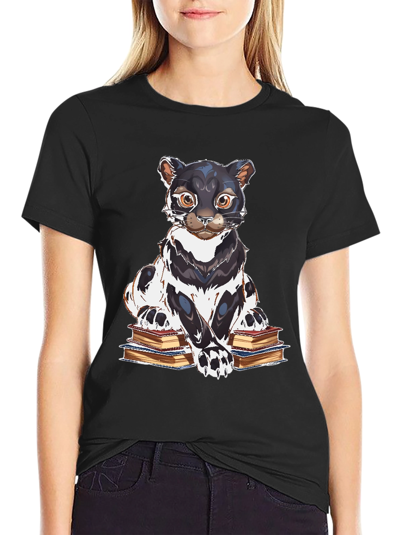 Bookish Cat Graphic Tee - Black Cotton T-Shirt