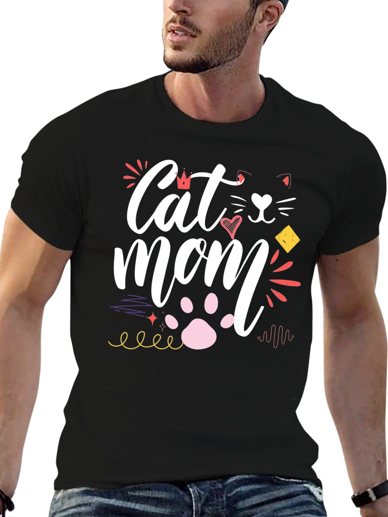 Cat Mom Graphic Tee - Black Cotton T-Shirt
