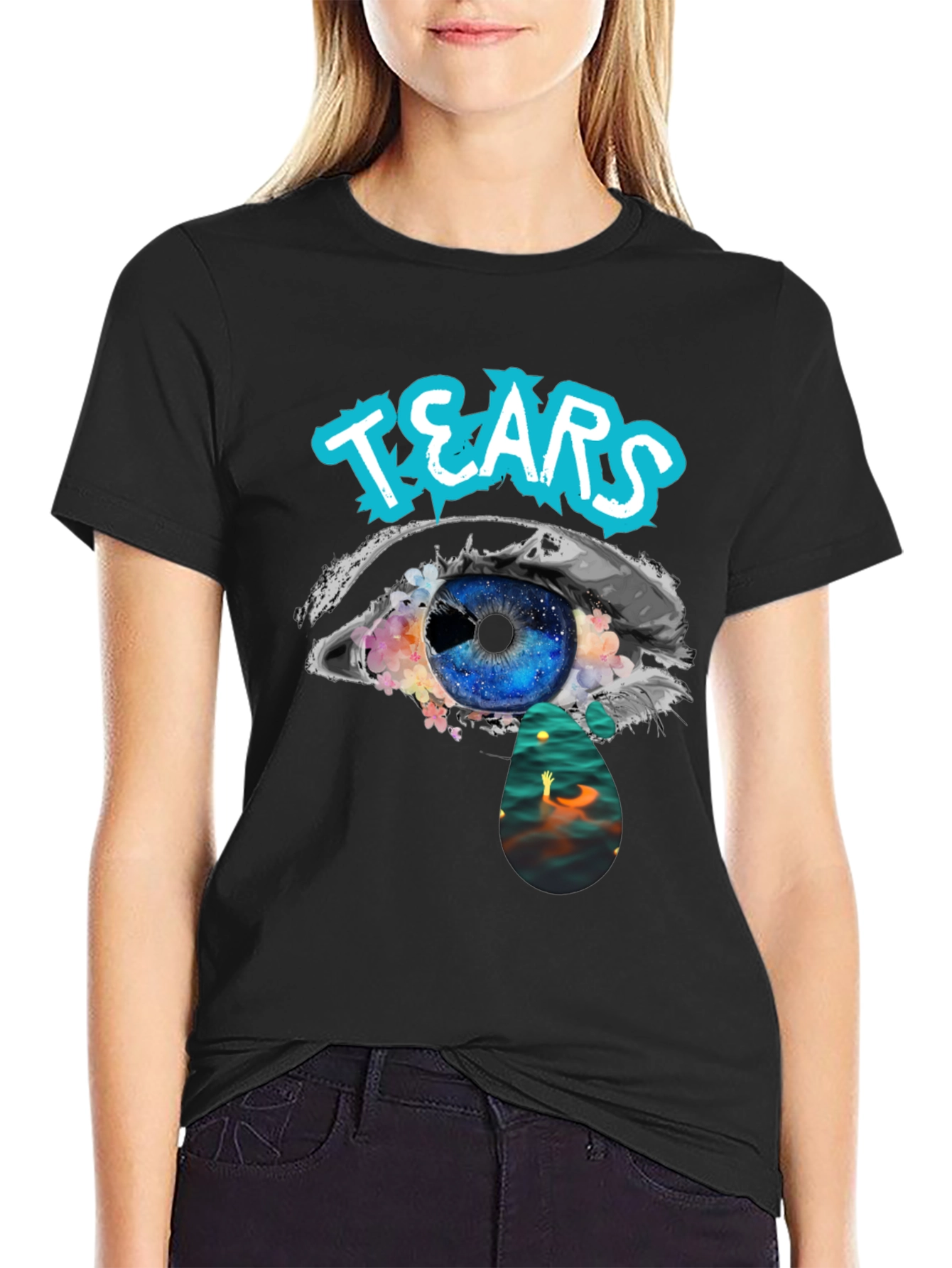 Tears Graphic Print Black Cotton T-Shirt