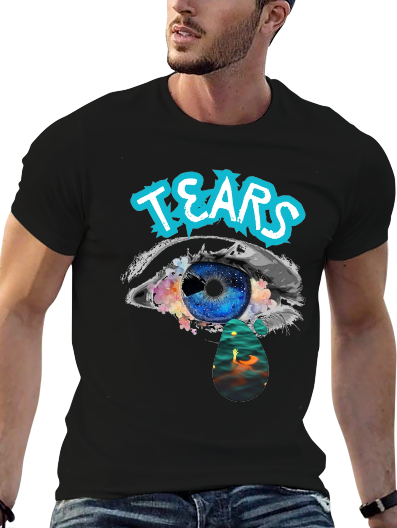 Tears Graphic Print Black Cotton T-Shirt