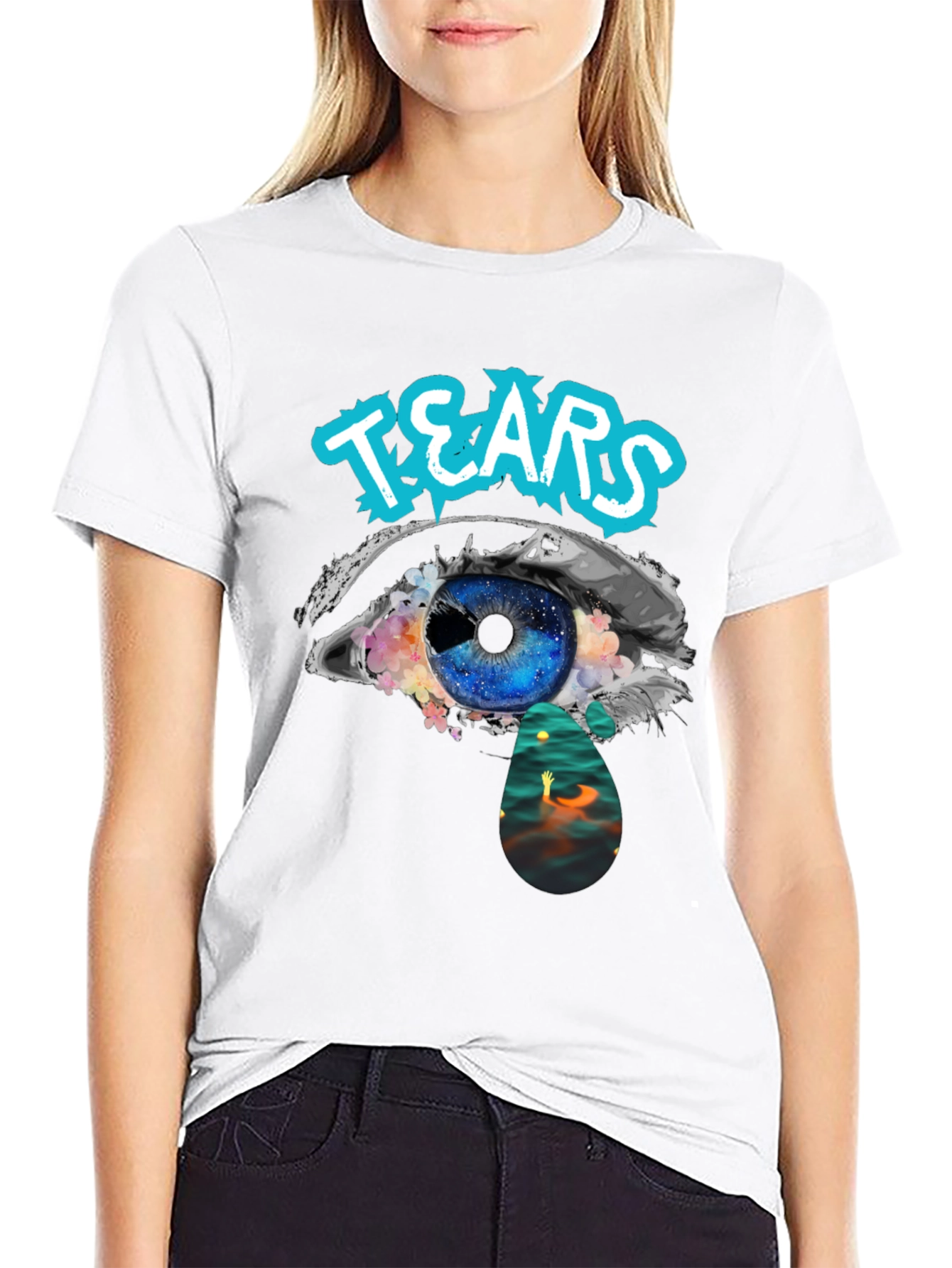 Tears Graphic Print Black Cotton T-Shirt