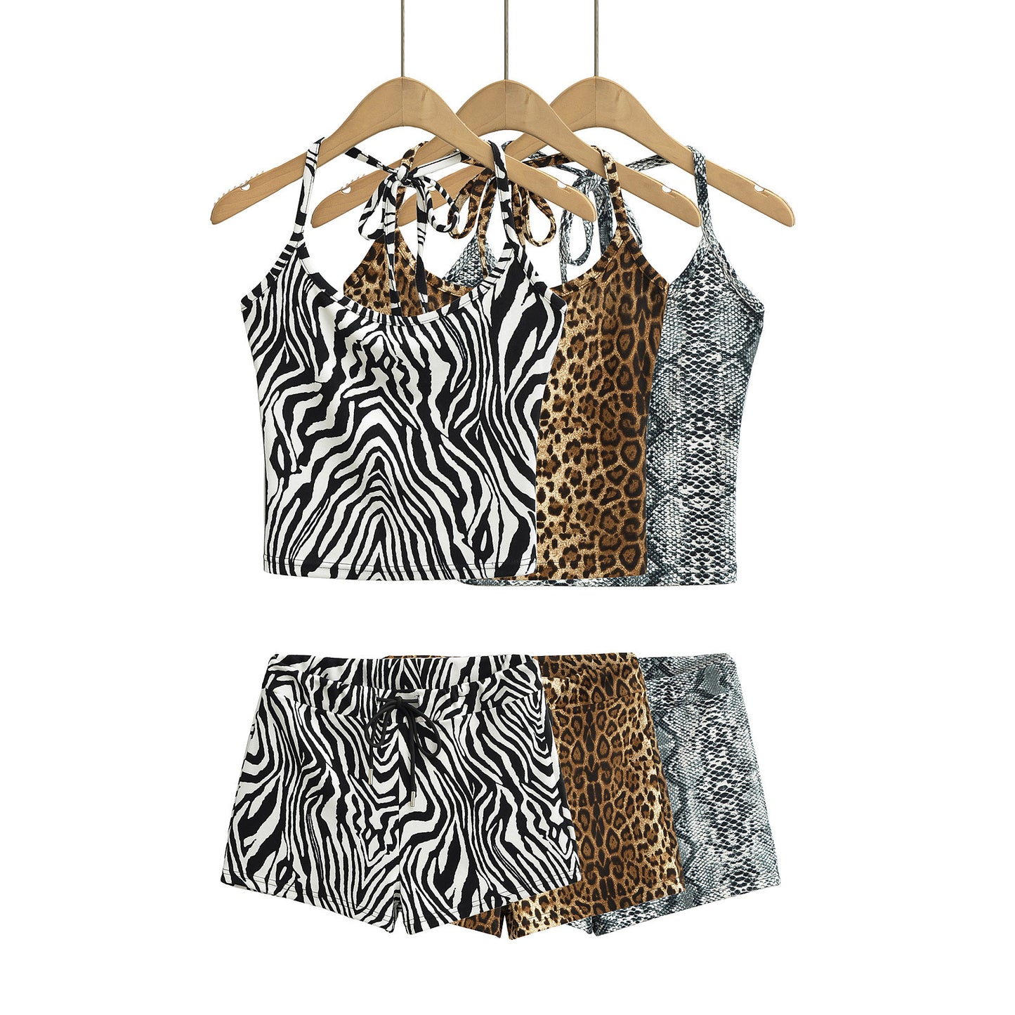Two piece leopard print halter top+drawstring low waisted shorts