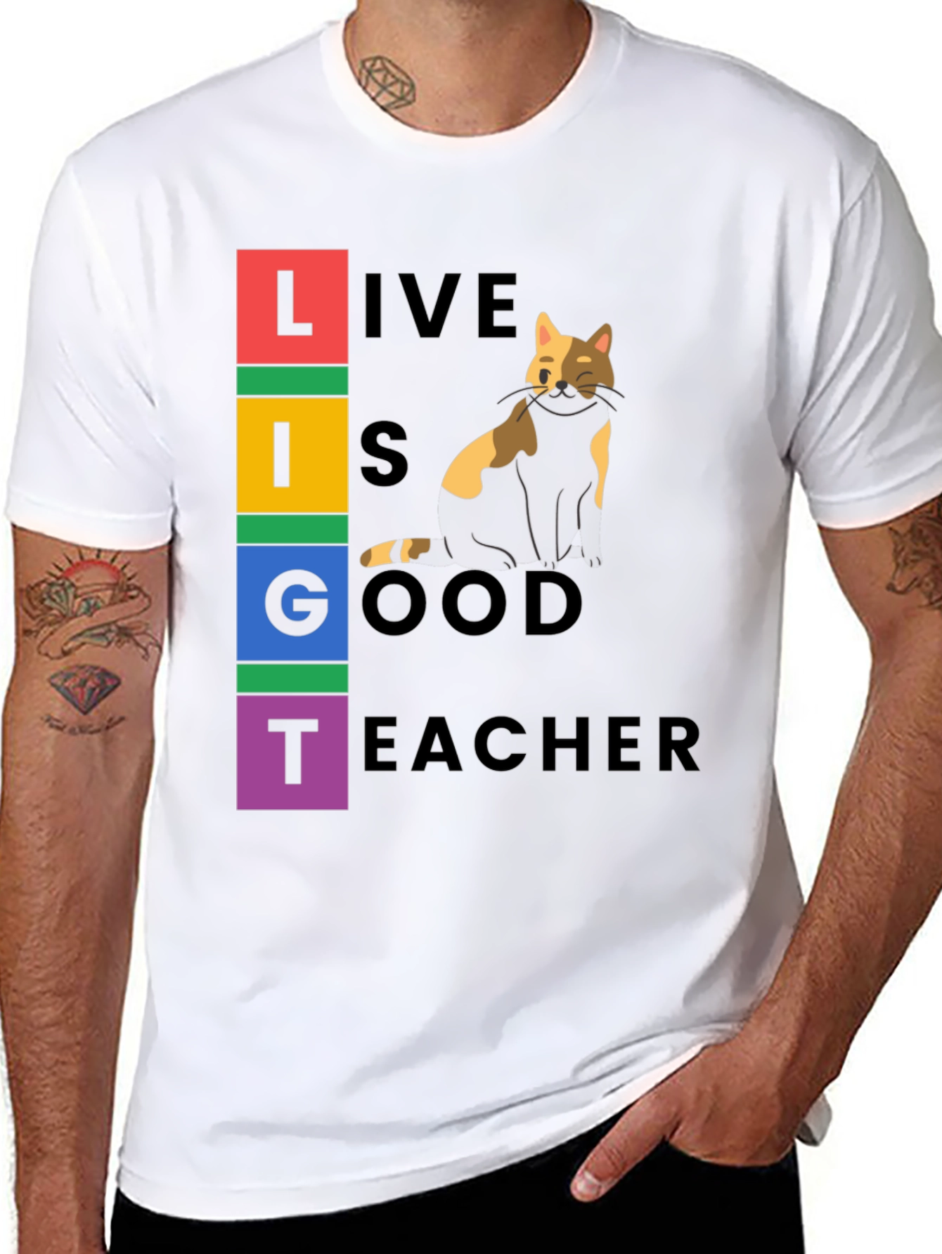 Live Is Good Cat Teacher Graphic Tee