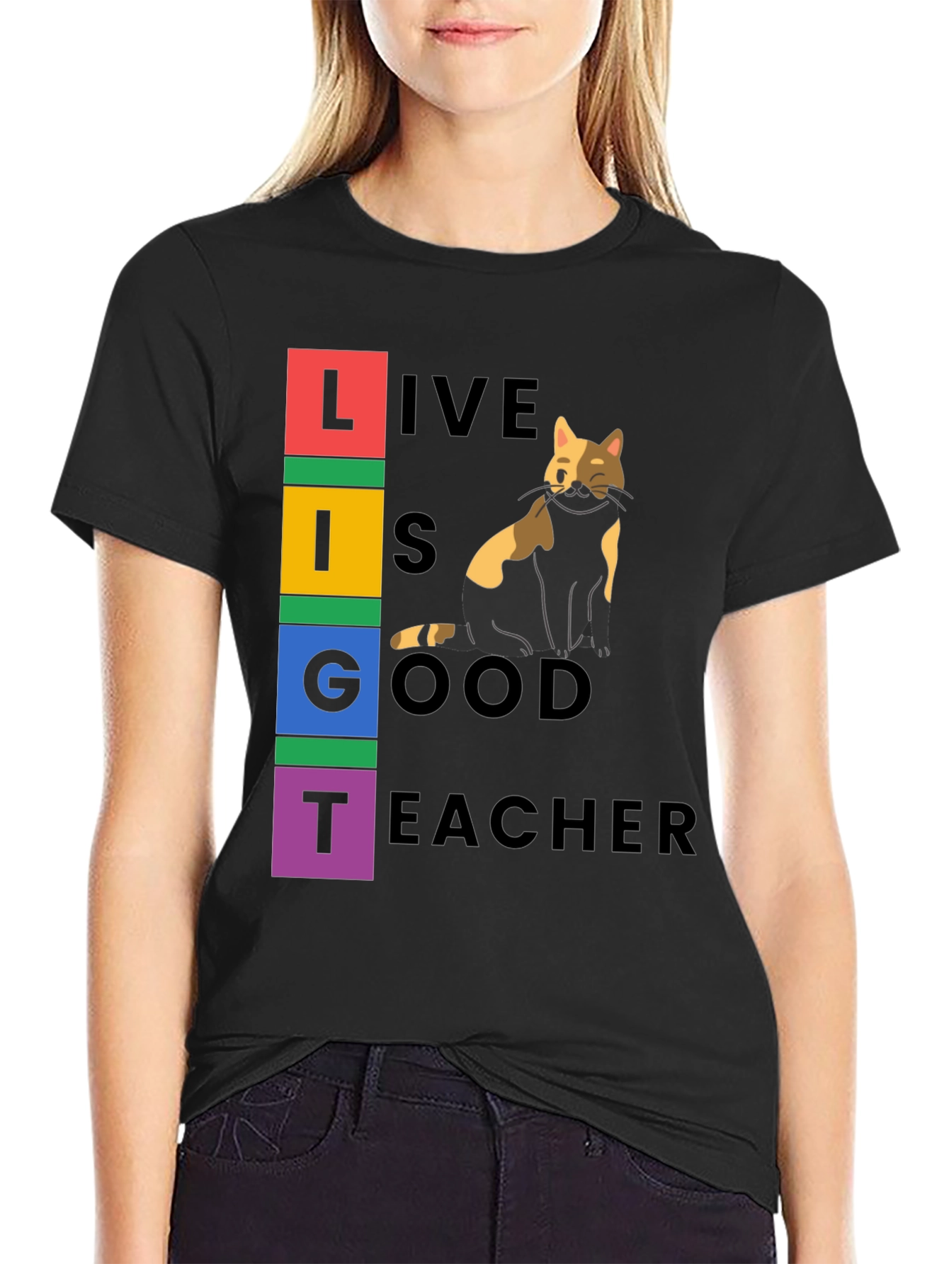 Live Is Good Cat Teacher Graphic Tee