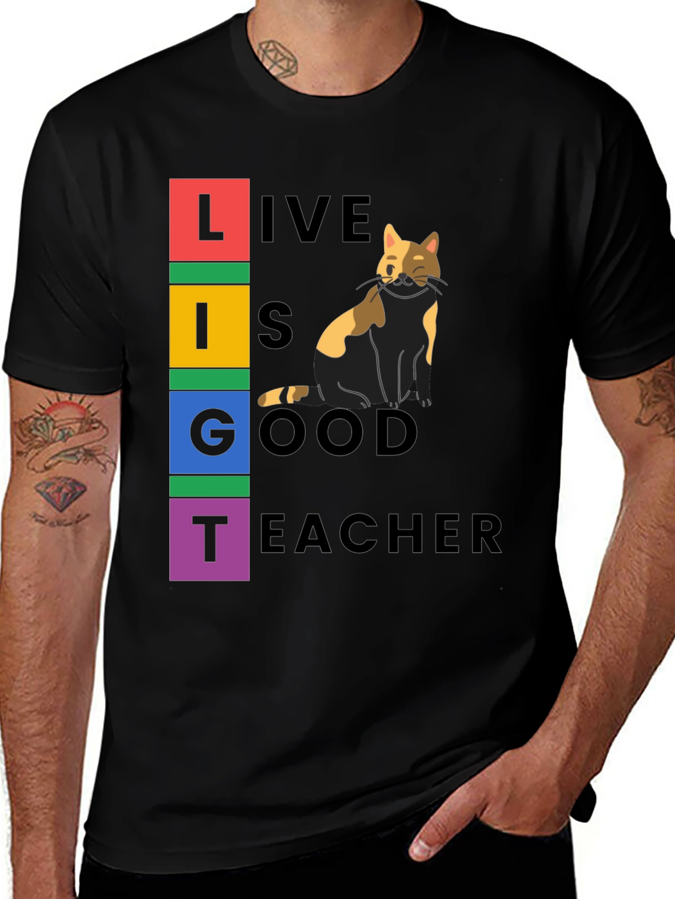 Live Is Good Cat Teacher Graphic Tee