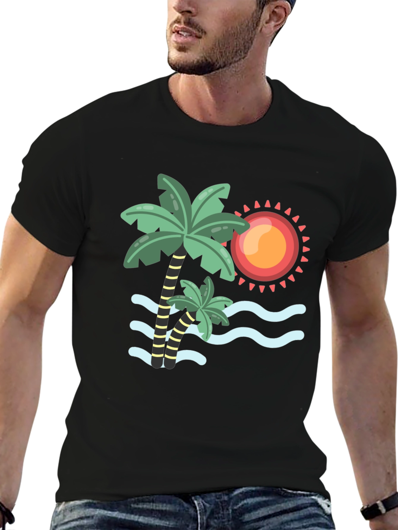 Tropical Palm Tree & Sun Graphic Tee - Black