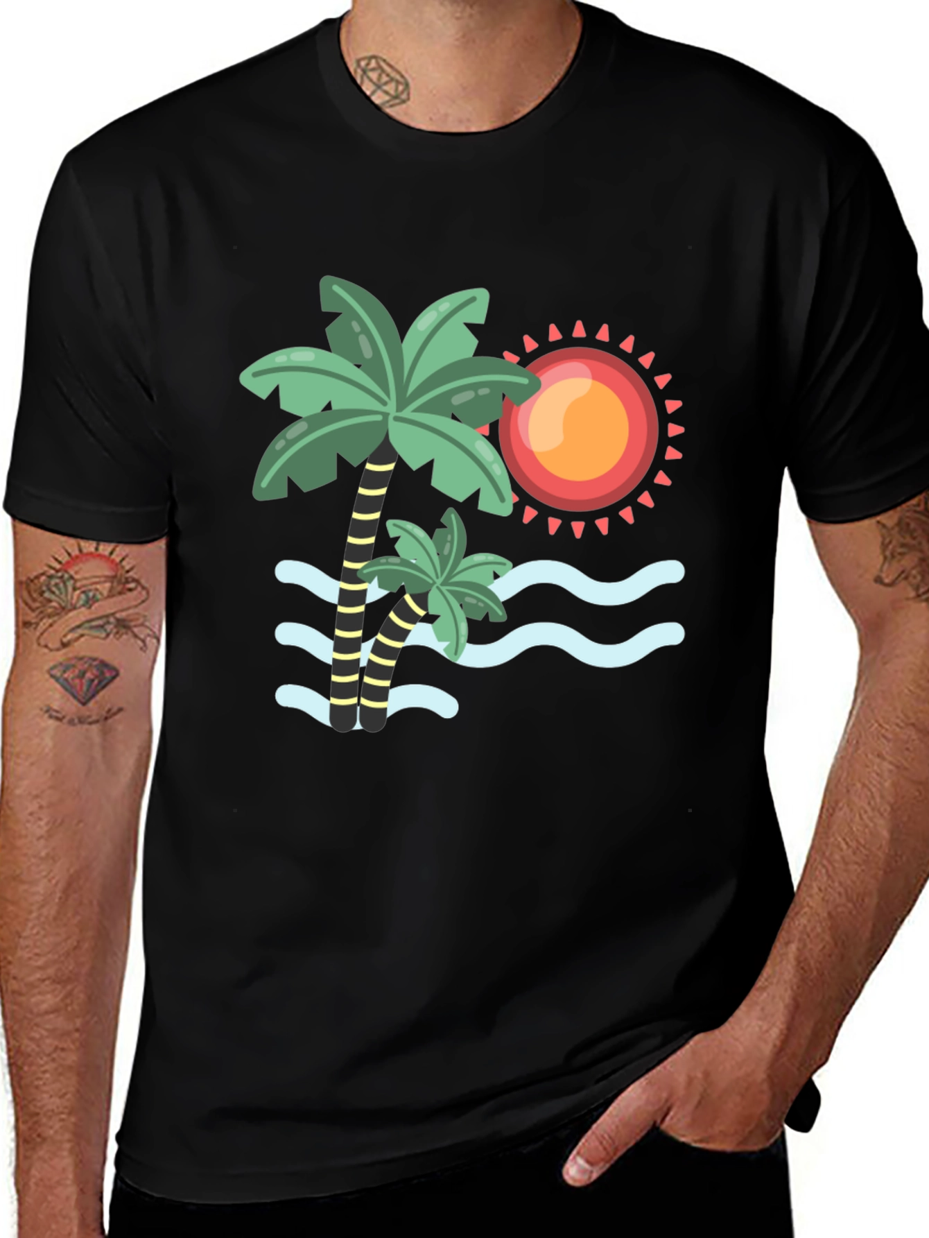 Tropical Palm Tree & Sun Graphic Tee - Black