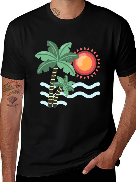 Tropical Palm Tree & Sun Graphic Tee - Black