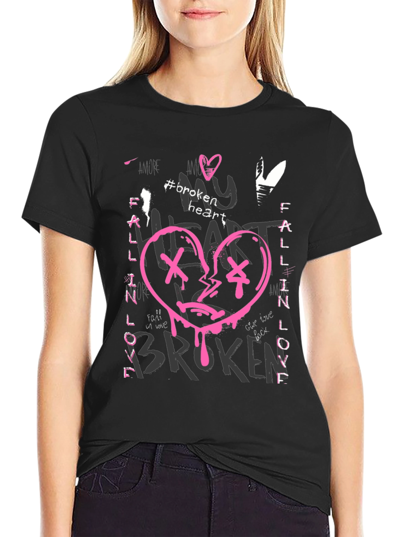 Broken Heart Graphic Print Black Tee
