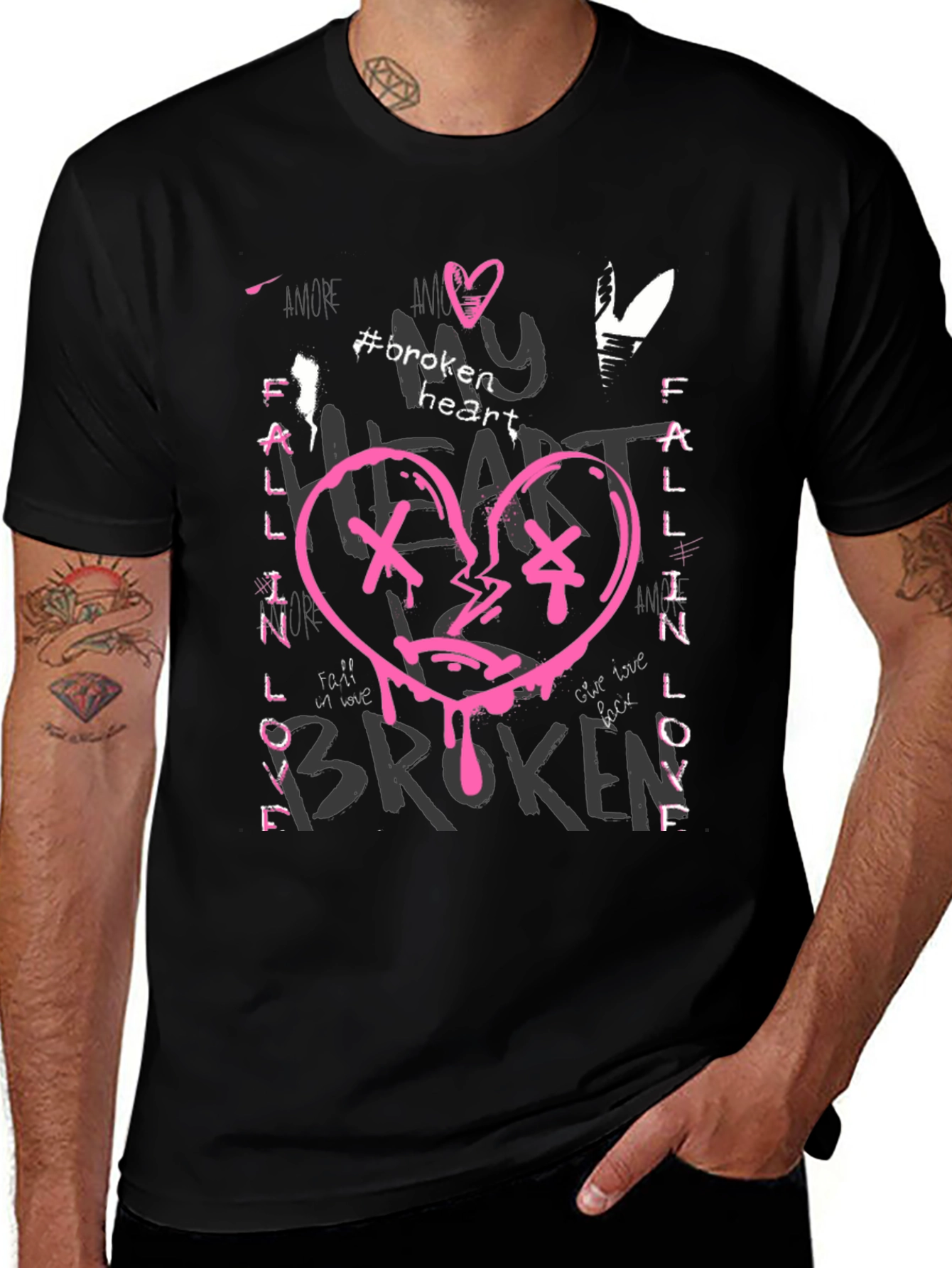 Broken Heart Graphic Print Black Tee