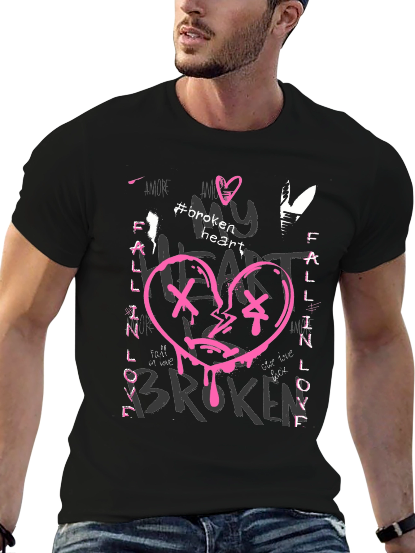 Broken Heart Graphic Print Black Tee