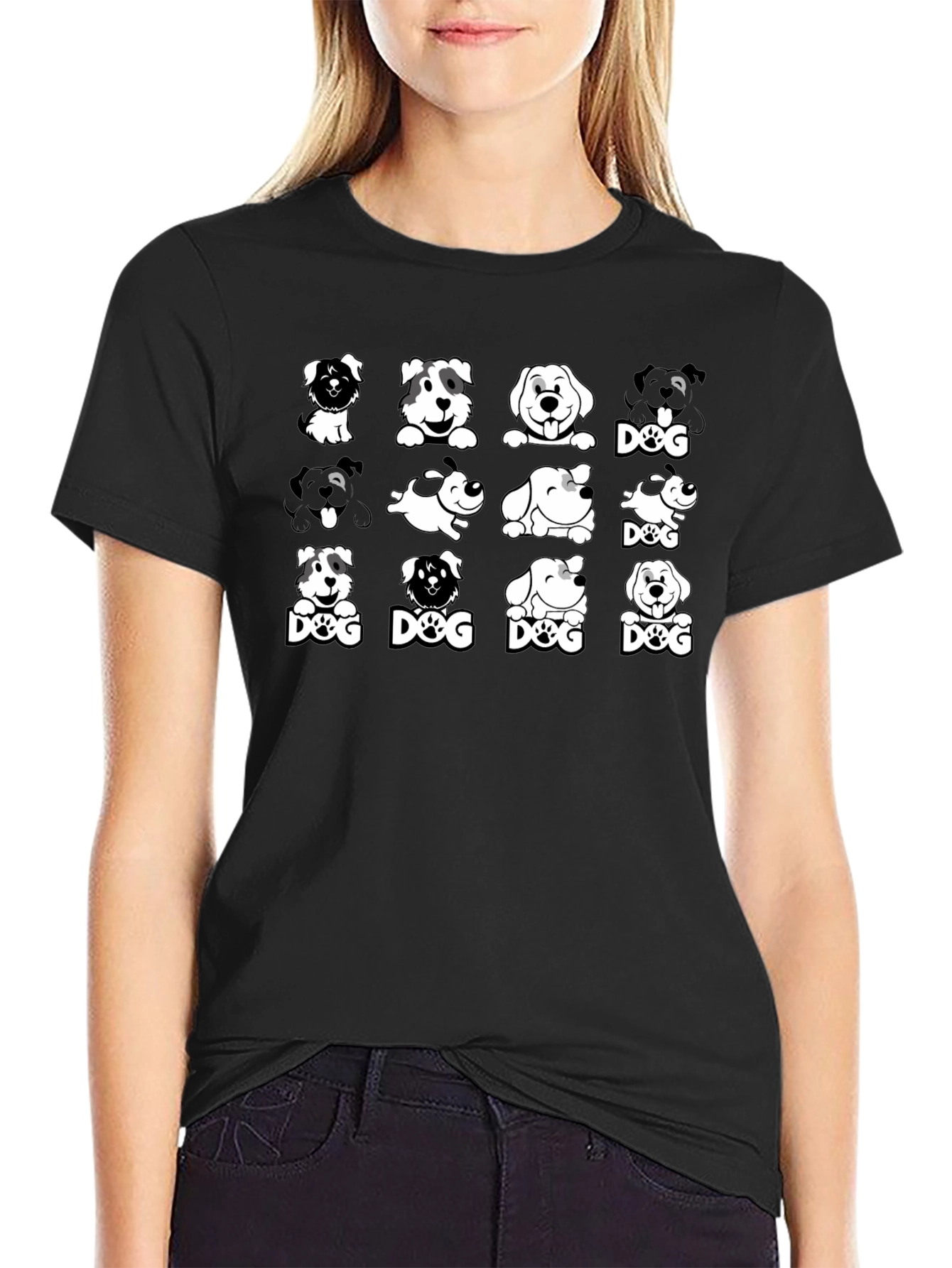 Dog Breed Cartoon Graphic Print Black T-Shirt