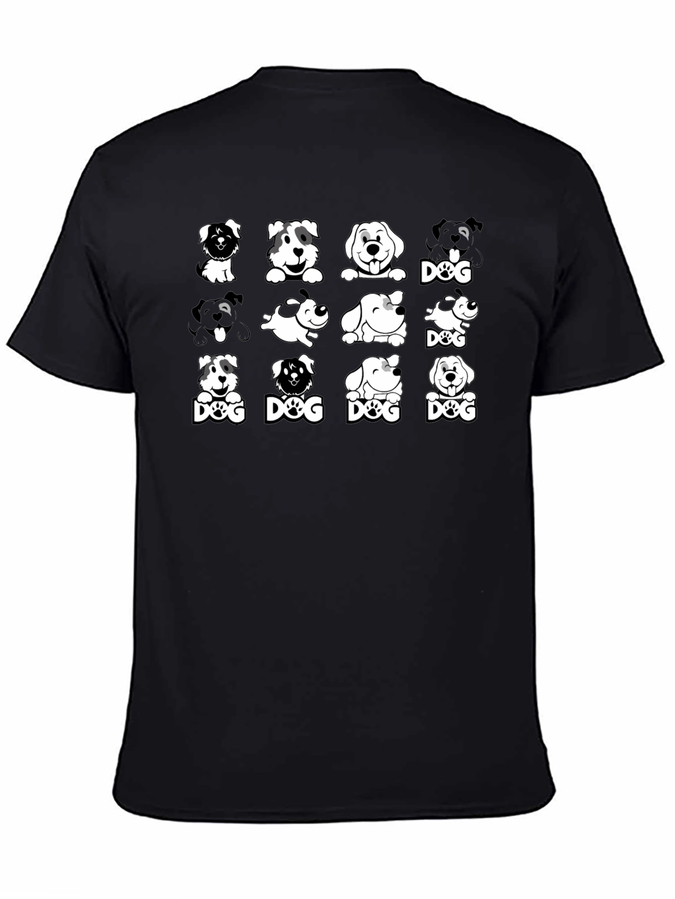 Dog Breed Cartoon Graphic Print Black T-Shirt