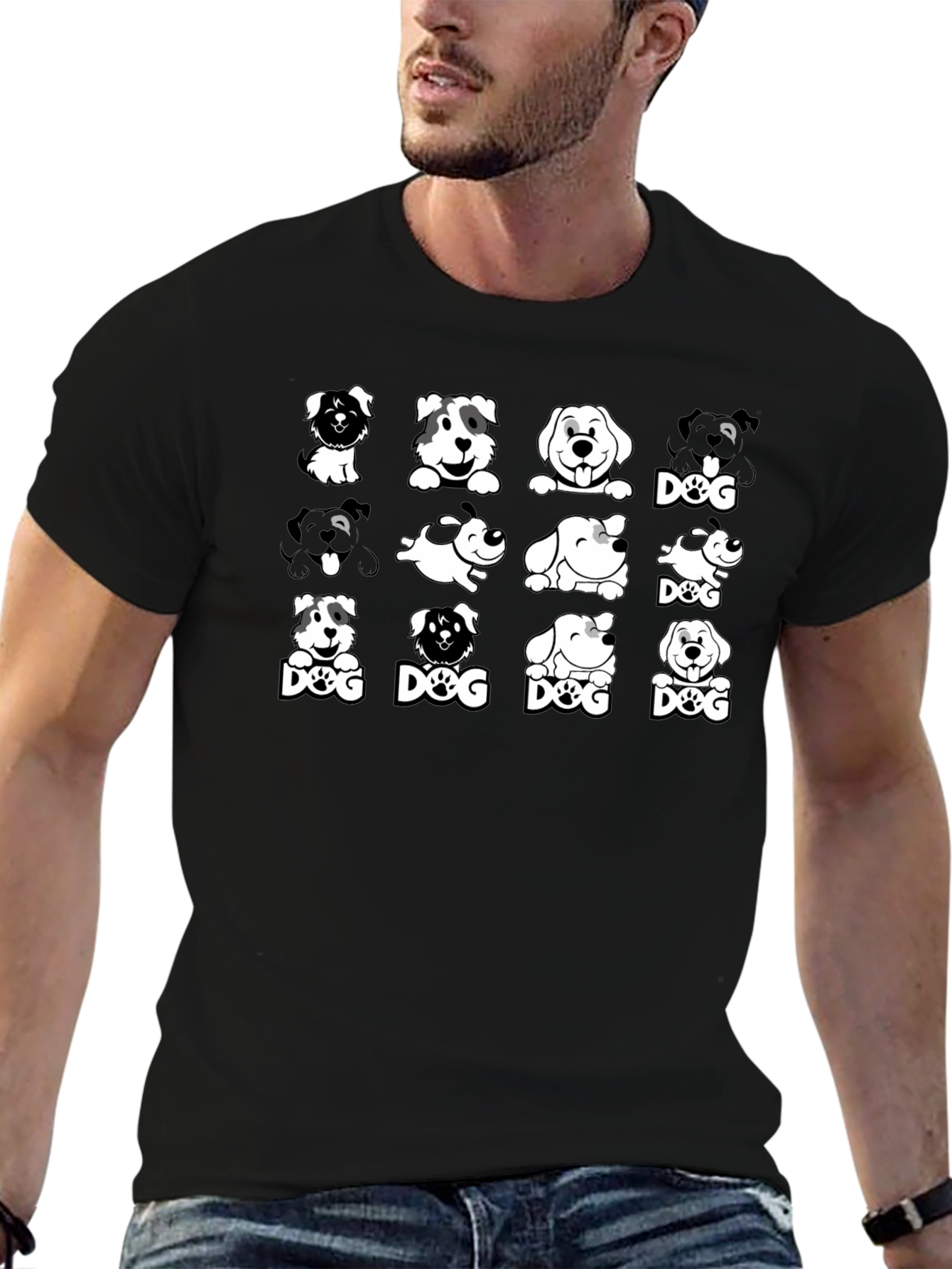 Dog Breed Cartoon Graphic Print Black T-Shirt