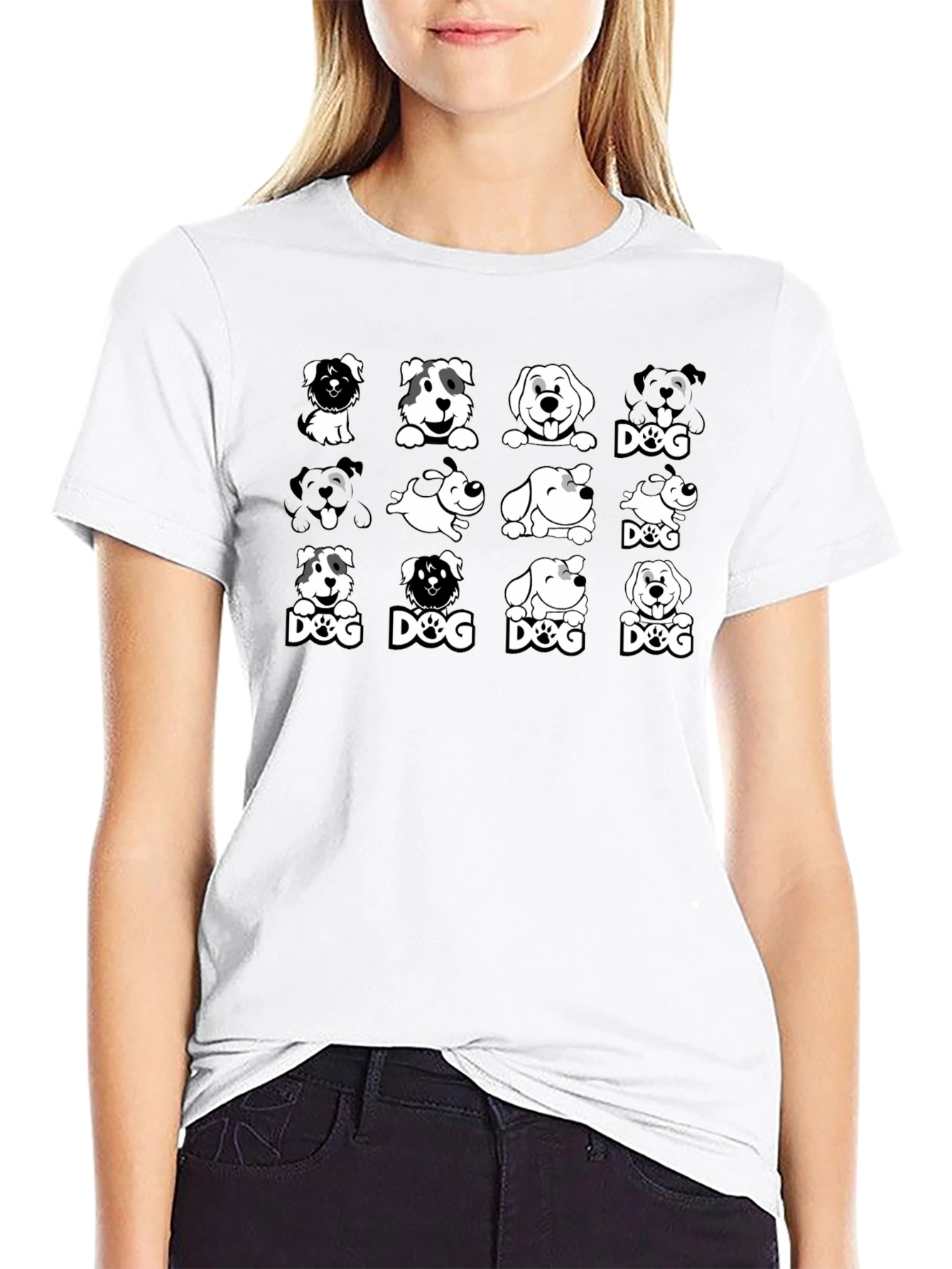 Dog Breed Cartoon Graphic Print Black T-Shirt