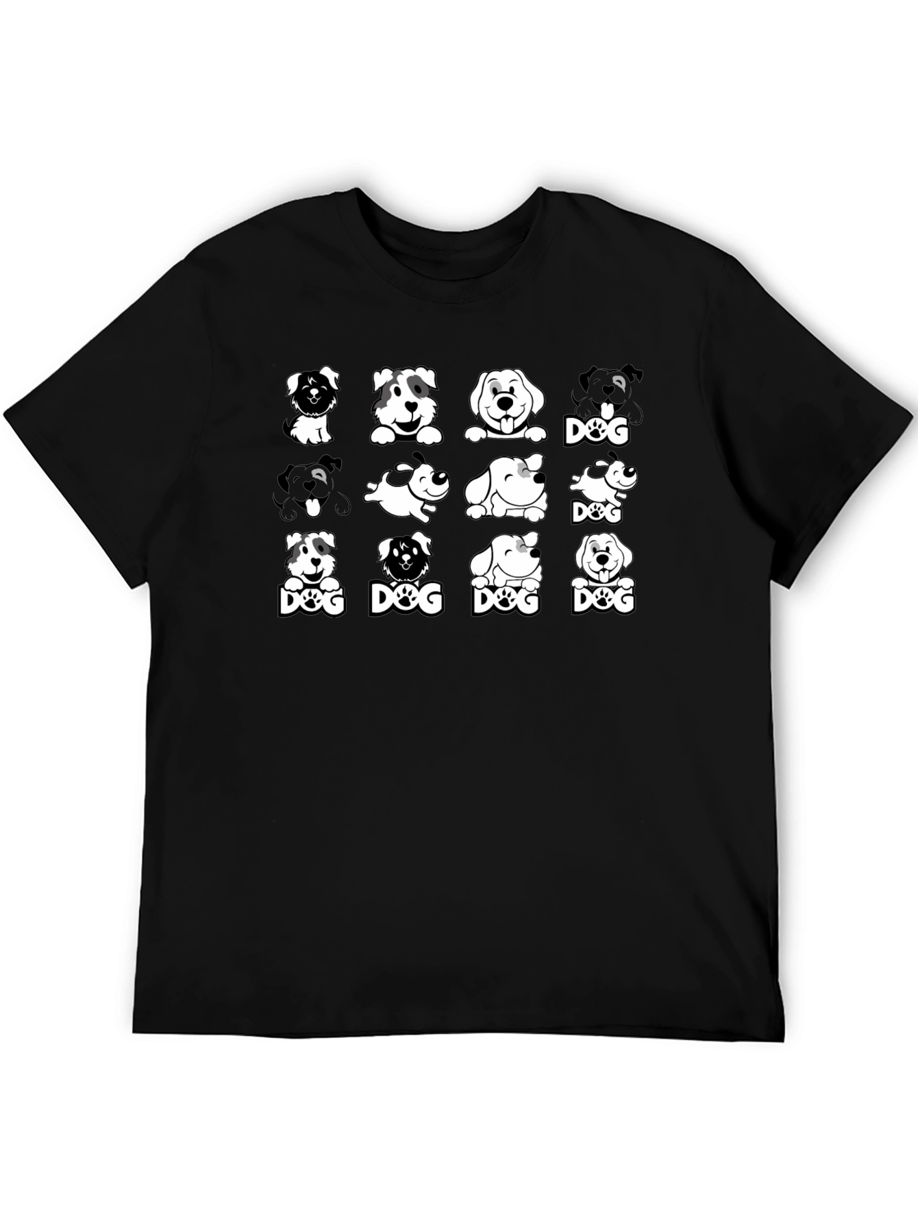 Dog Breed Cartoon Graphic Print Black T-Shirt