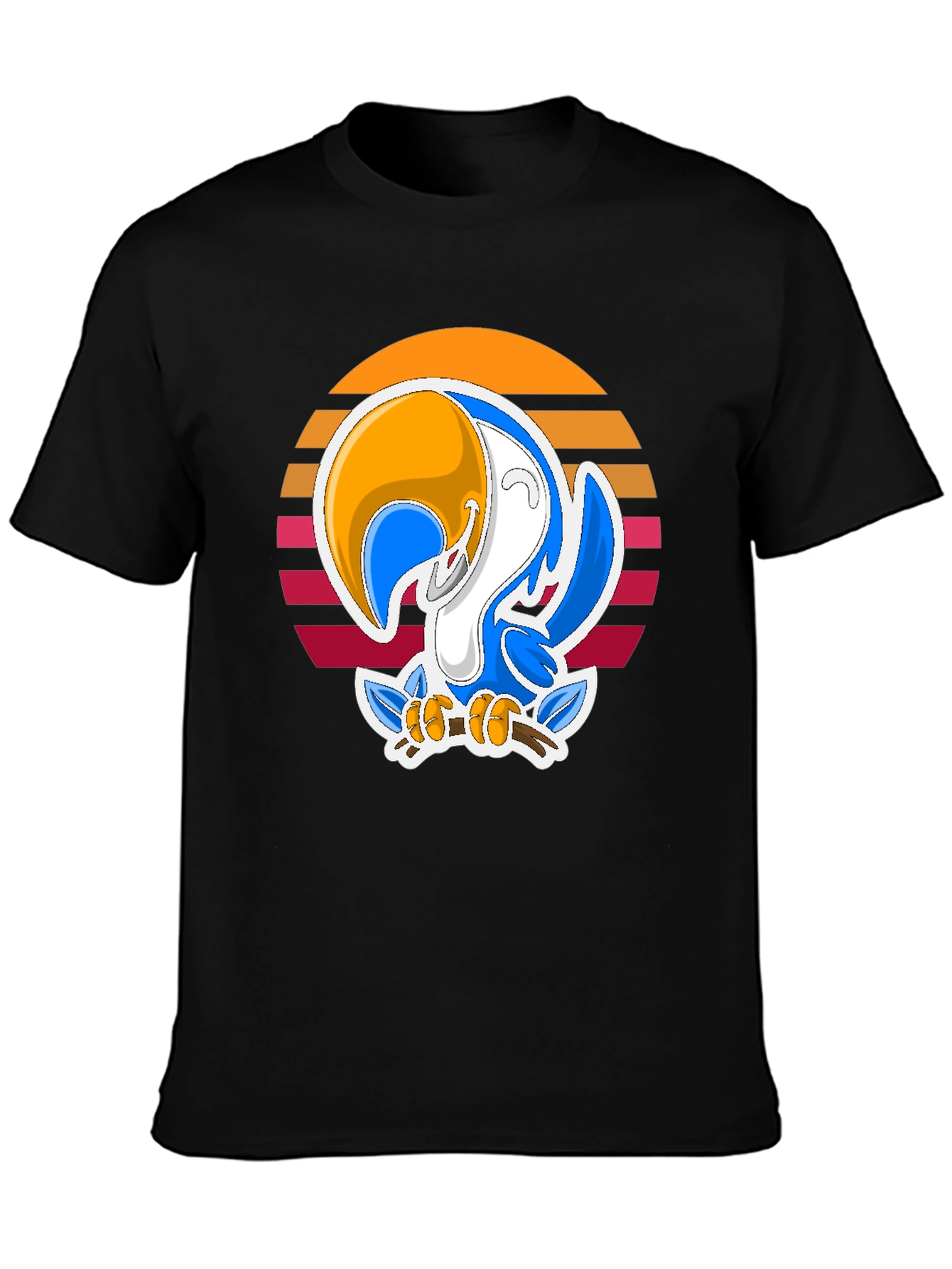 Cartoon Toucan T-Shirt with Retro Sunset Design