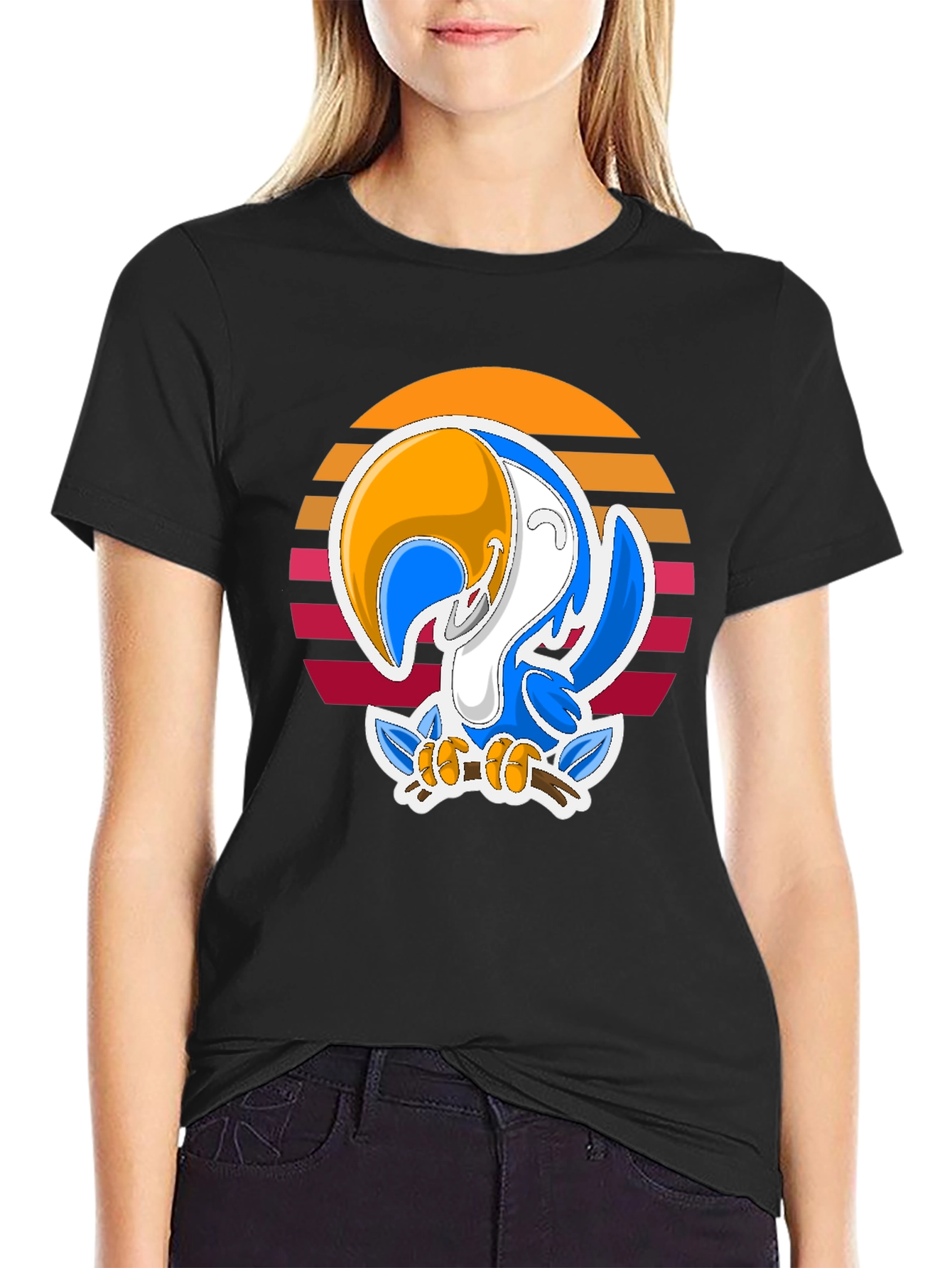 Cartoon Toucan T-Shirt with Retro Sunset Design