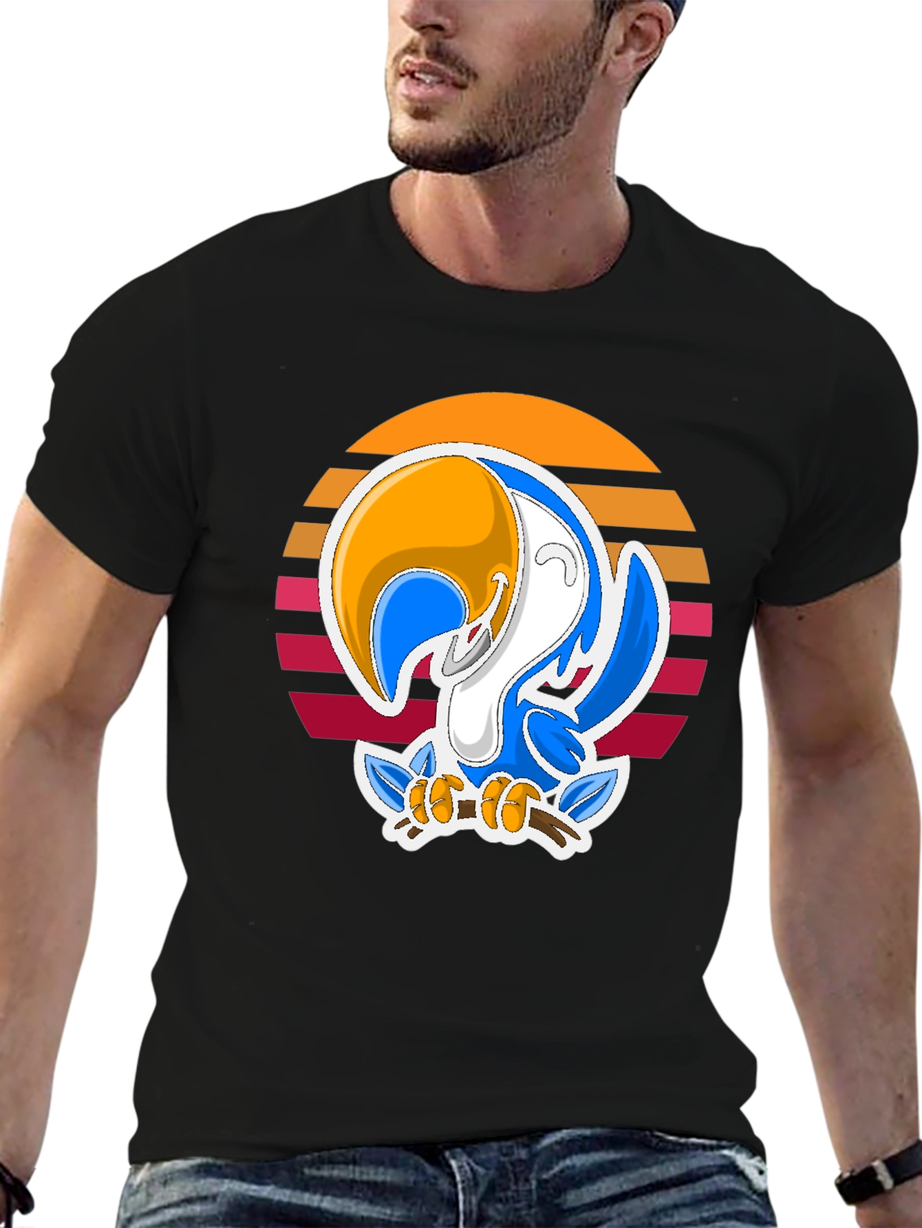 Cartoon Toucan T-Shirt with Retro Sunset Design