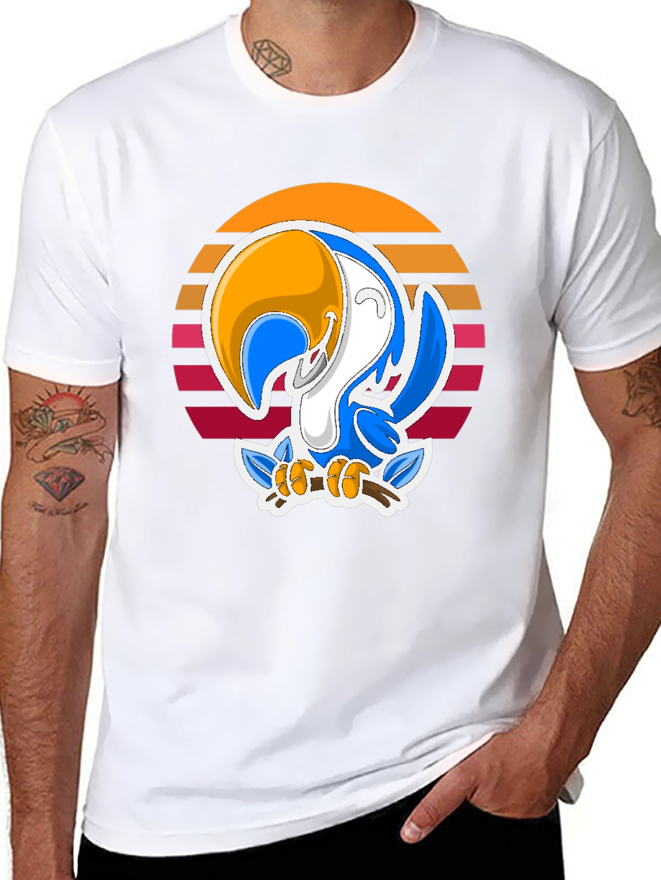 Cartoon Toucan T-Shirt with Retro Sunset Design
