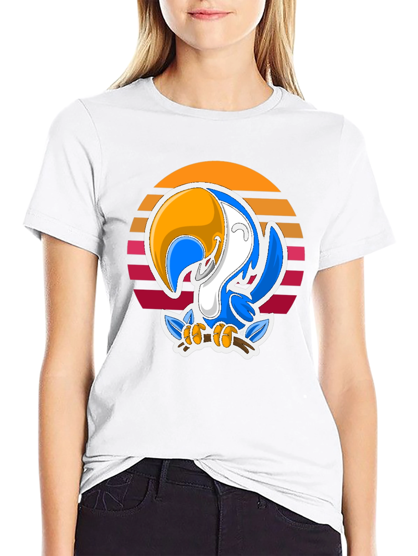 Cartoon Toucan T-Shirt with Retro Sunset Design