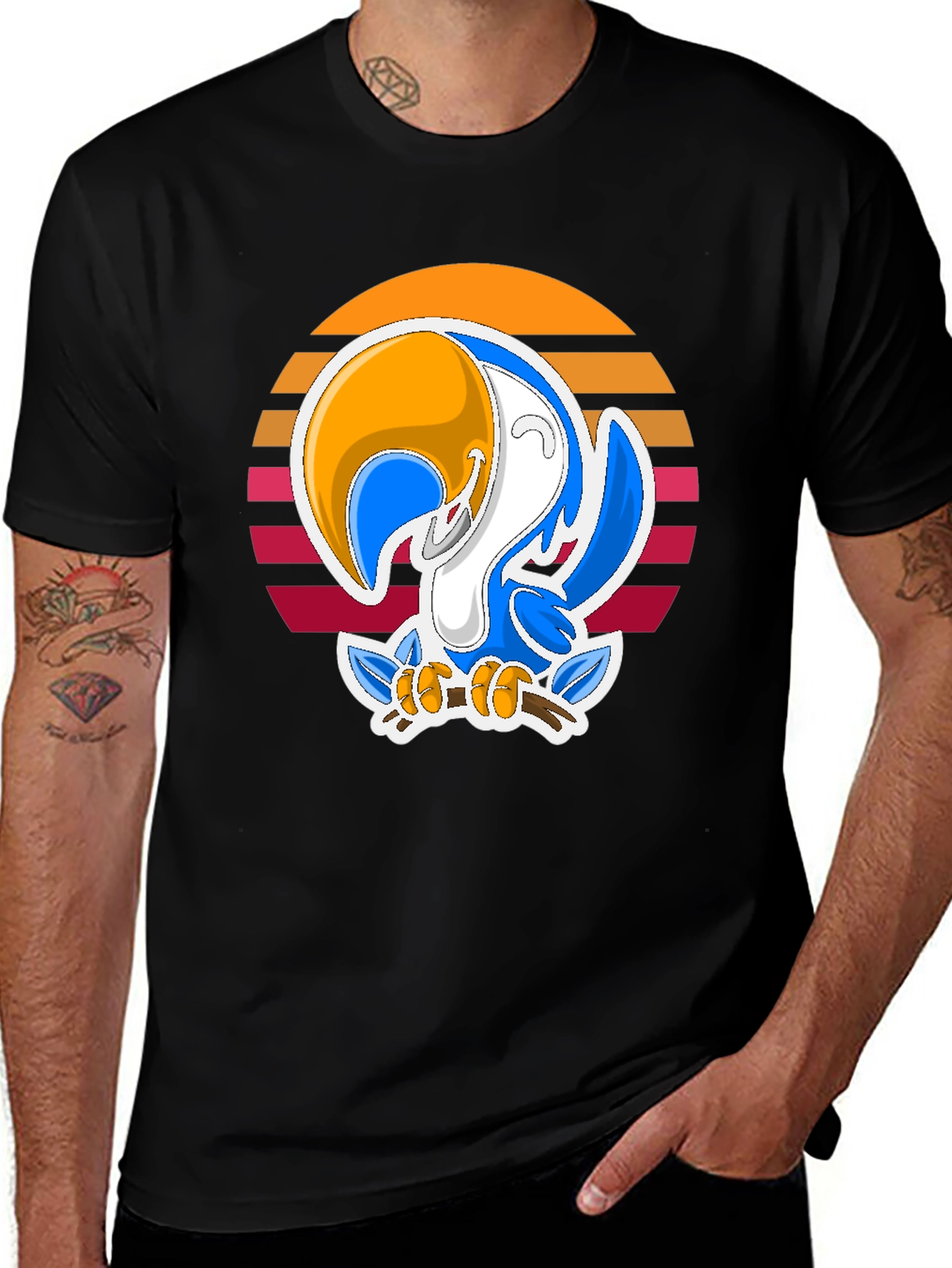 Cartoon Toucan T-Shirt with Retro Sunset Design
