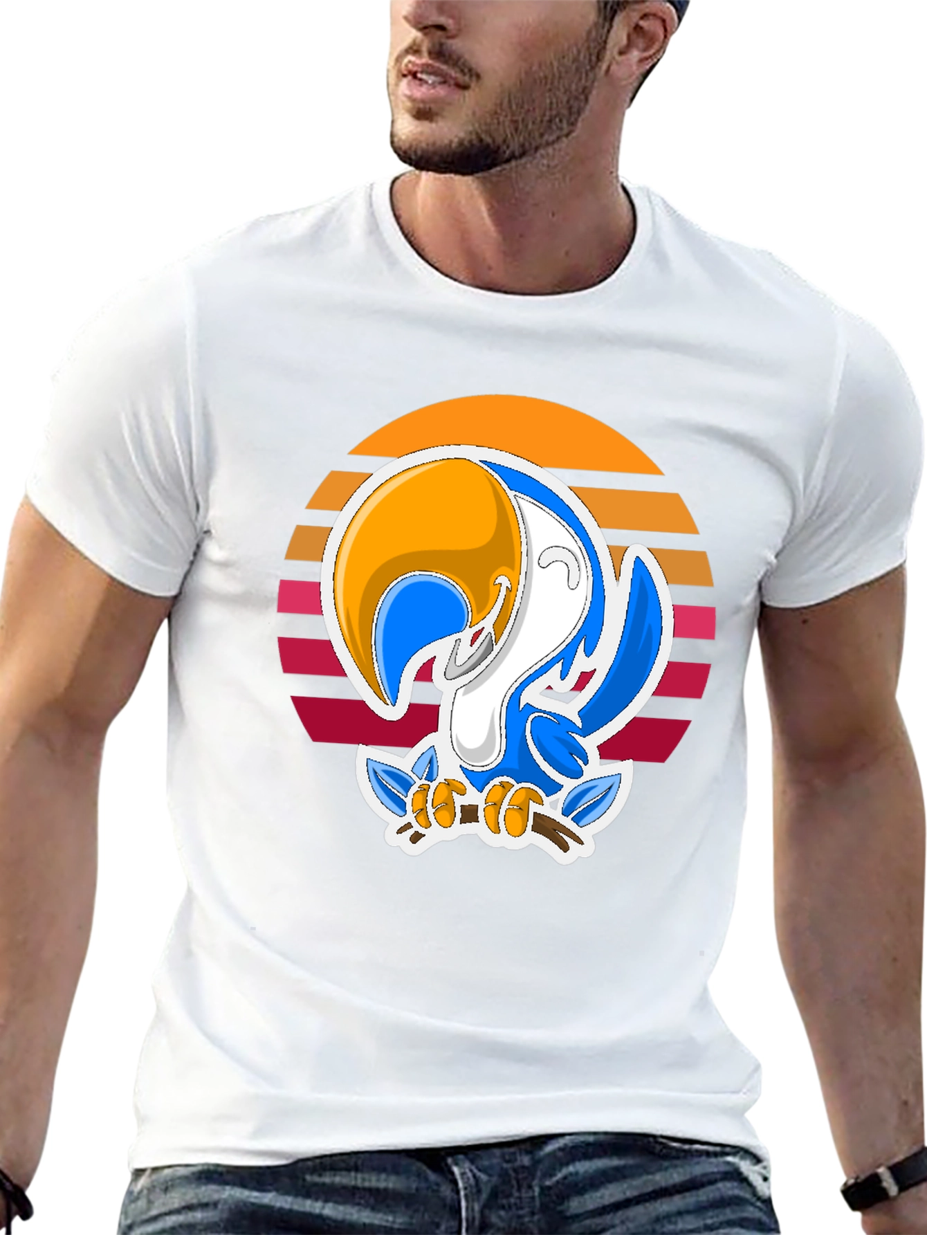 Cartoon Toucan T-Shirt with Retro Sunset Design