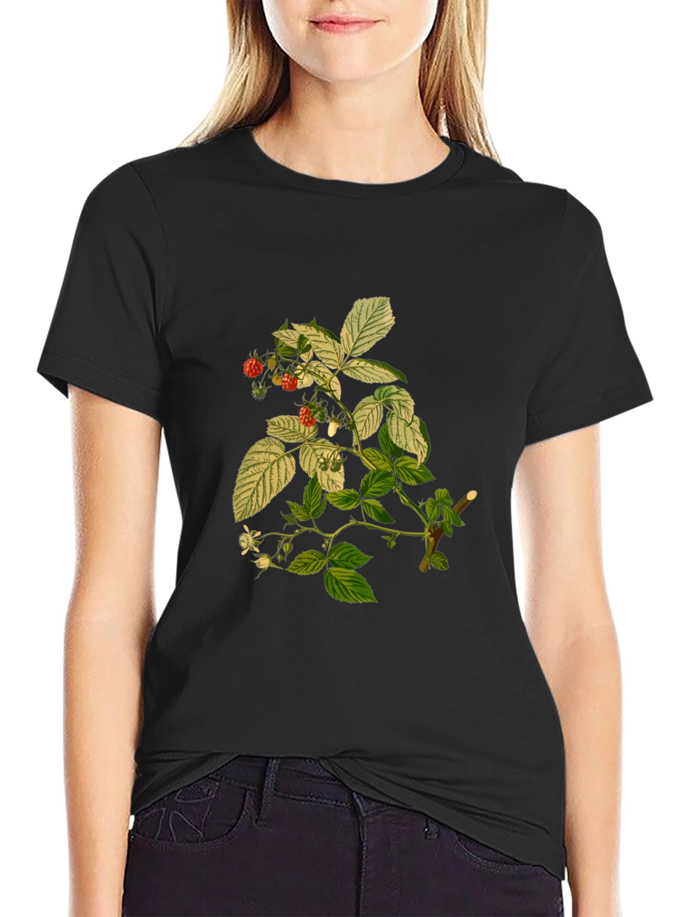Botanical Print Tee - Black Cotton T-Shirt