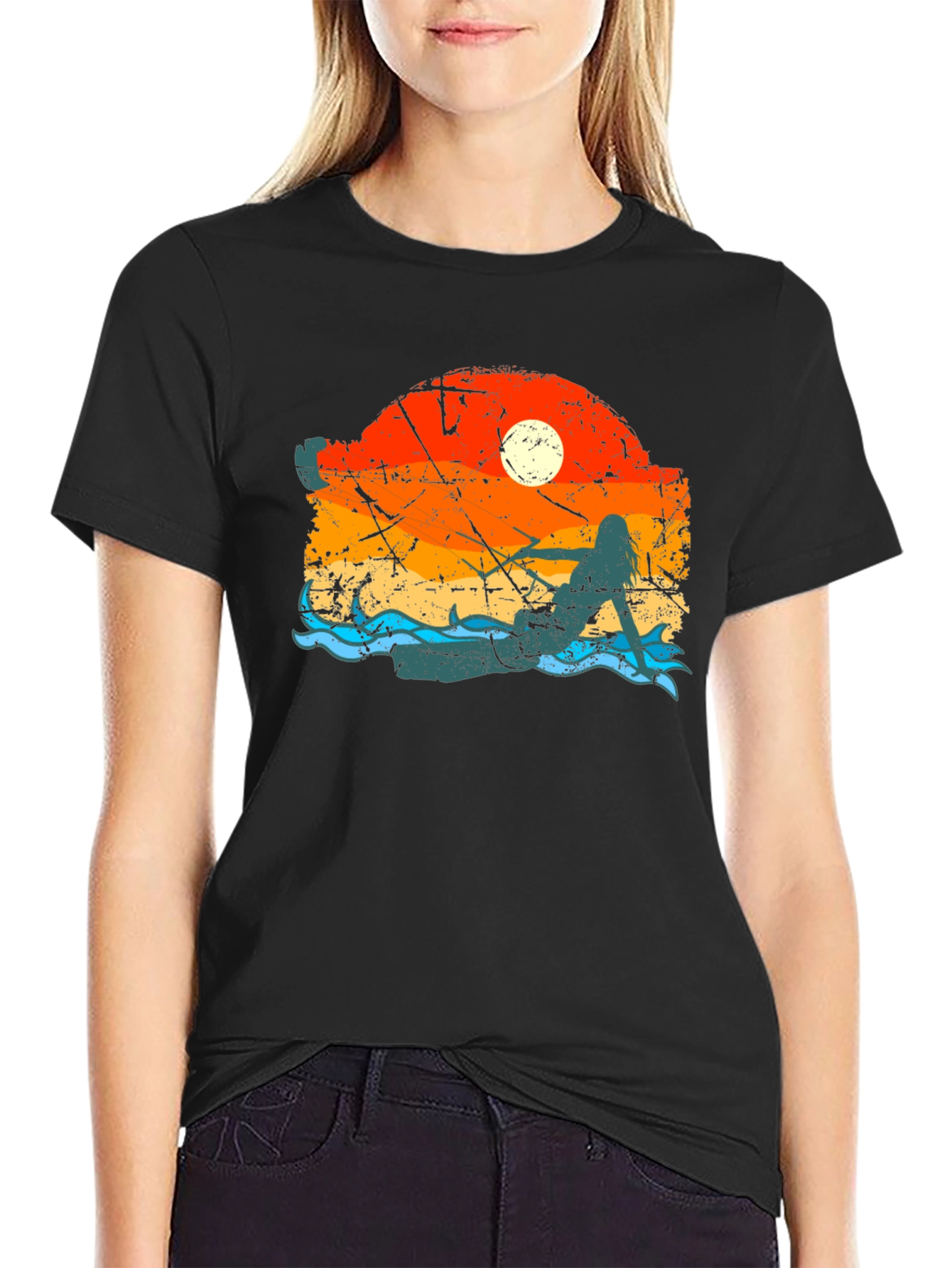 Mermaid Sunset Graphic Tee - Black Cotton Comfort