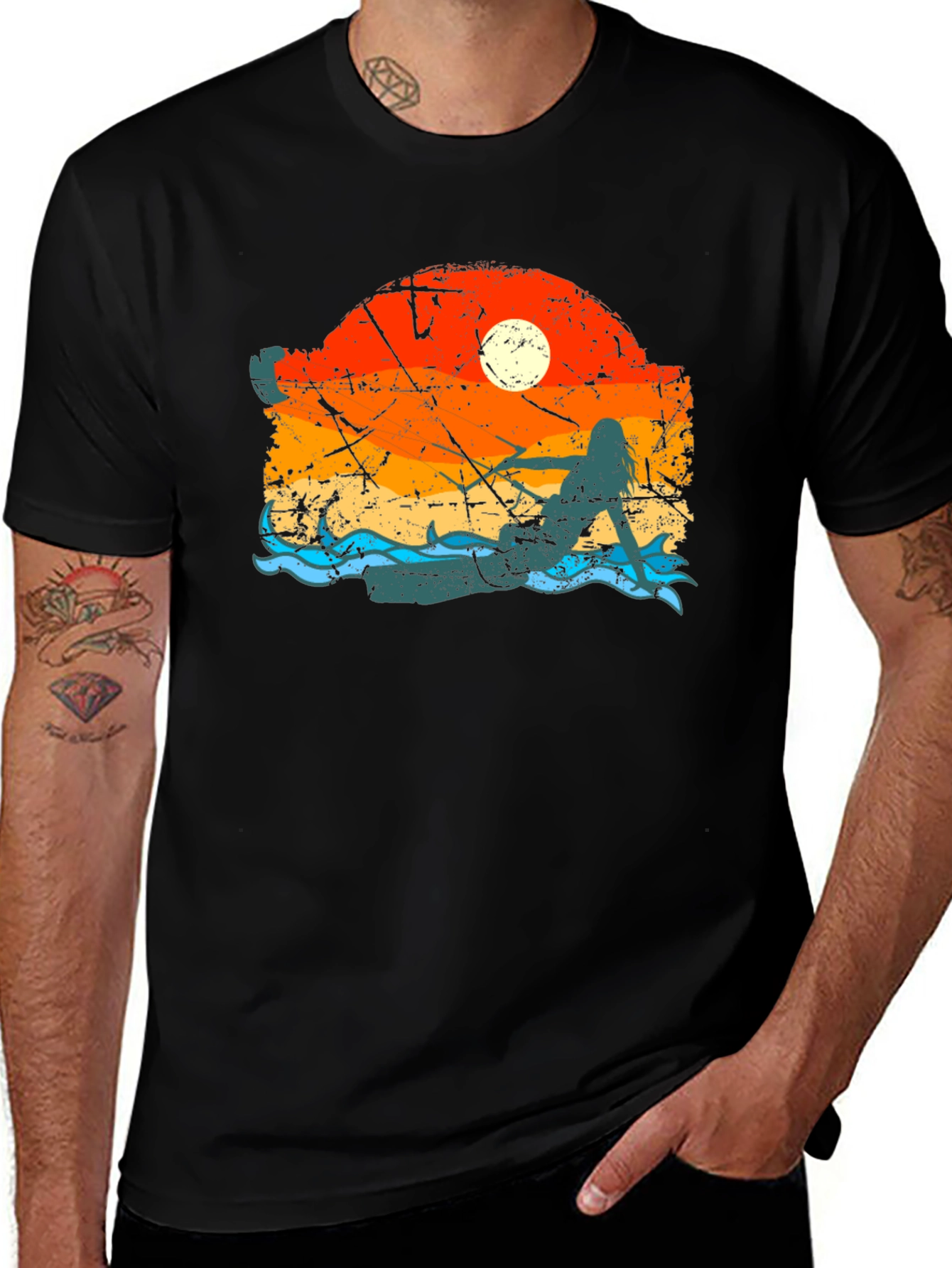 Mermaid Sunset Graphic Tee - Black Cotton Comfort