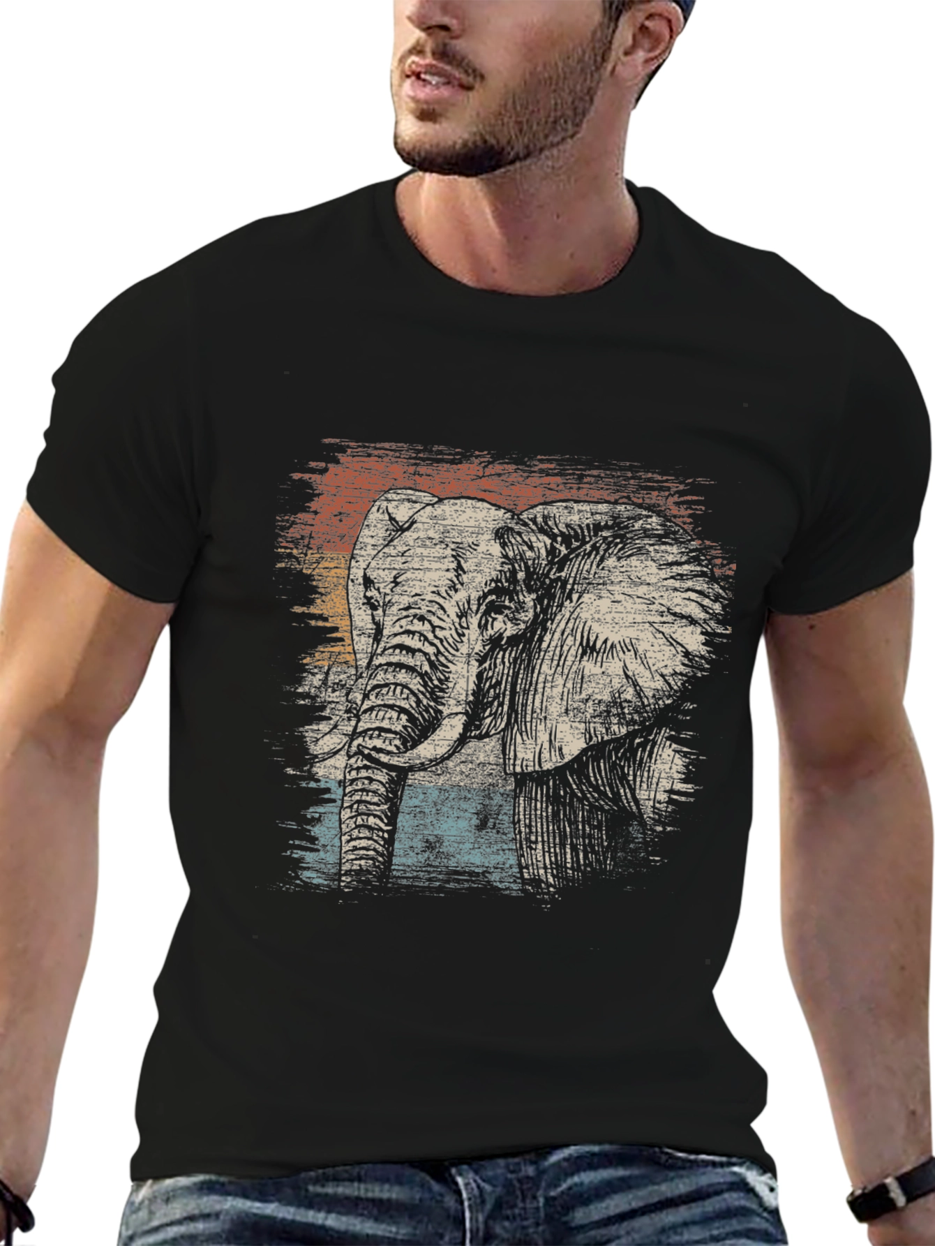 Retro Elephant Graphic T-Shirt - Black