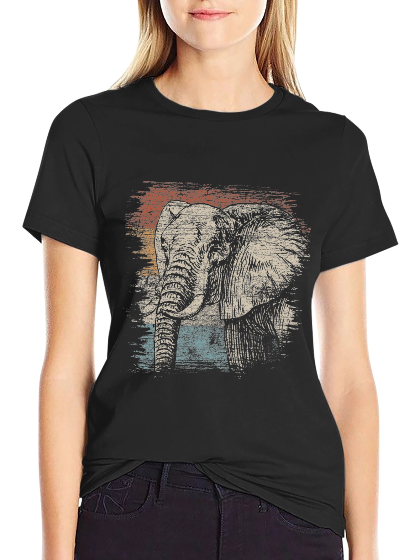 Retro Elephant Graphic T-Shirt - Black