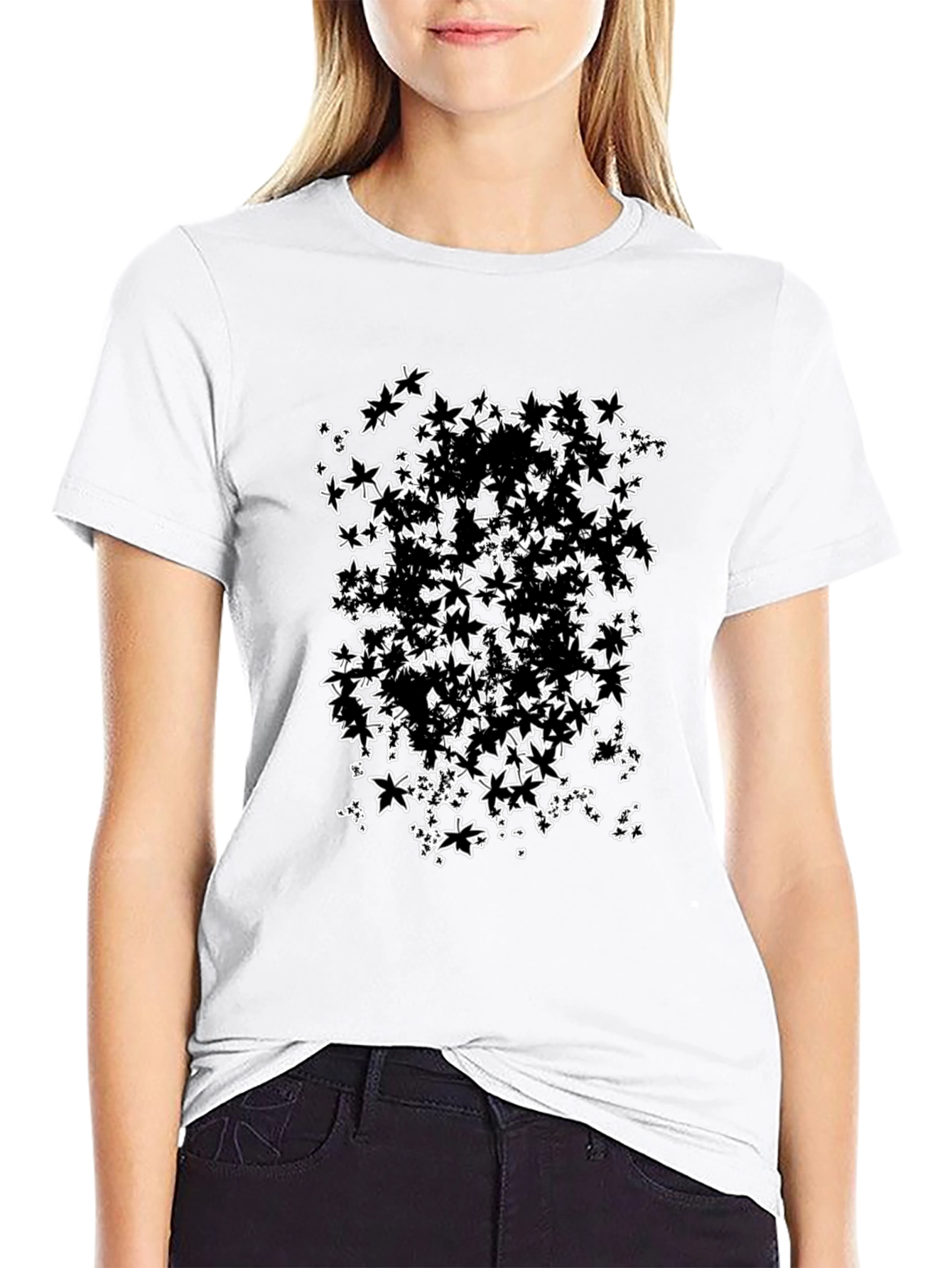 Abstract Maple Leaf Print Black T-Shirt