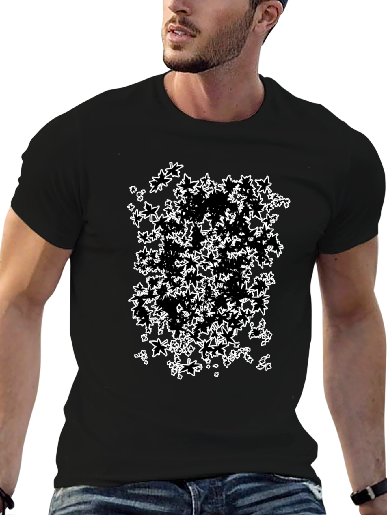 Abstract Maple Leaf Print Black T-Shirt